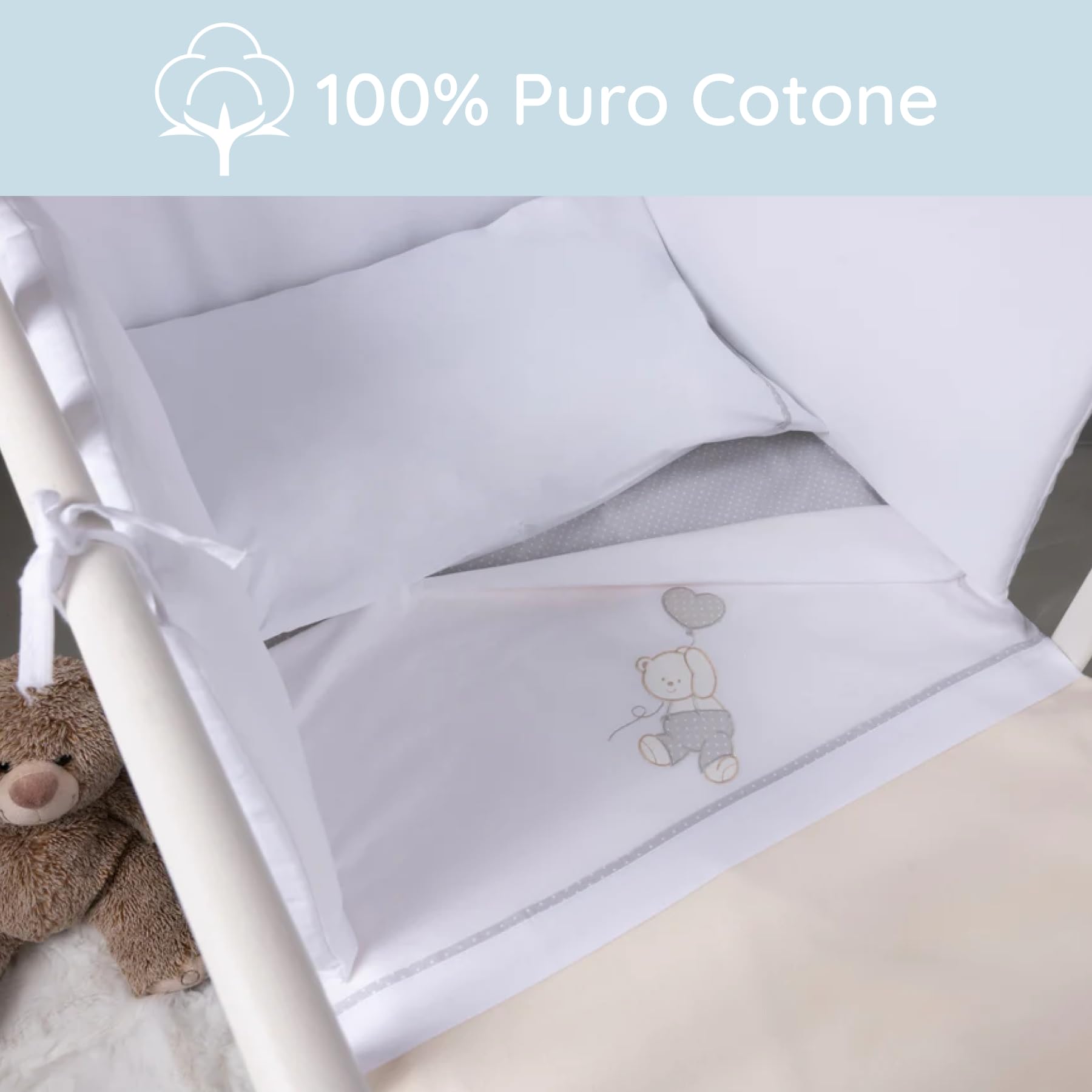 Lisola Baby-Bettwäsche-Set, für Kinderbett oder Wiege, Bettlaken 120 x 180 cm + Kissenbezug 40 x 60 cm + Spannbettlaken 60 x 130 cm, Made in Italy, aus reiner Baumwolle, Stickerei mit Bärenmotiv,