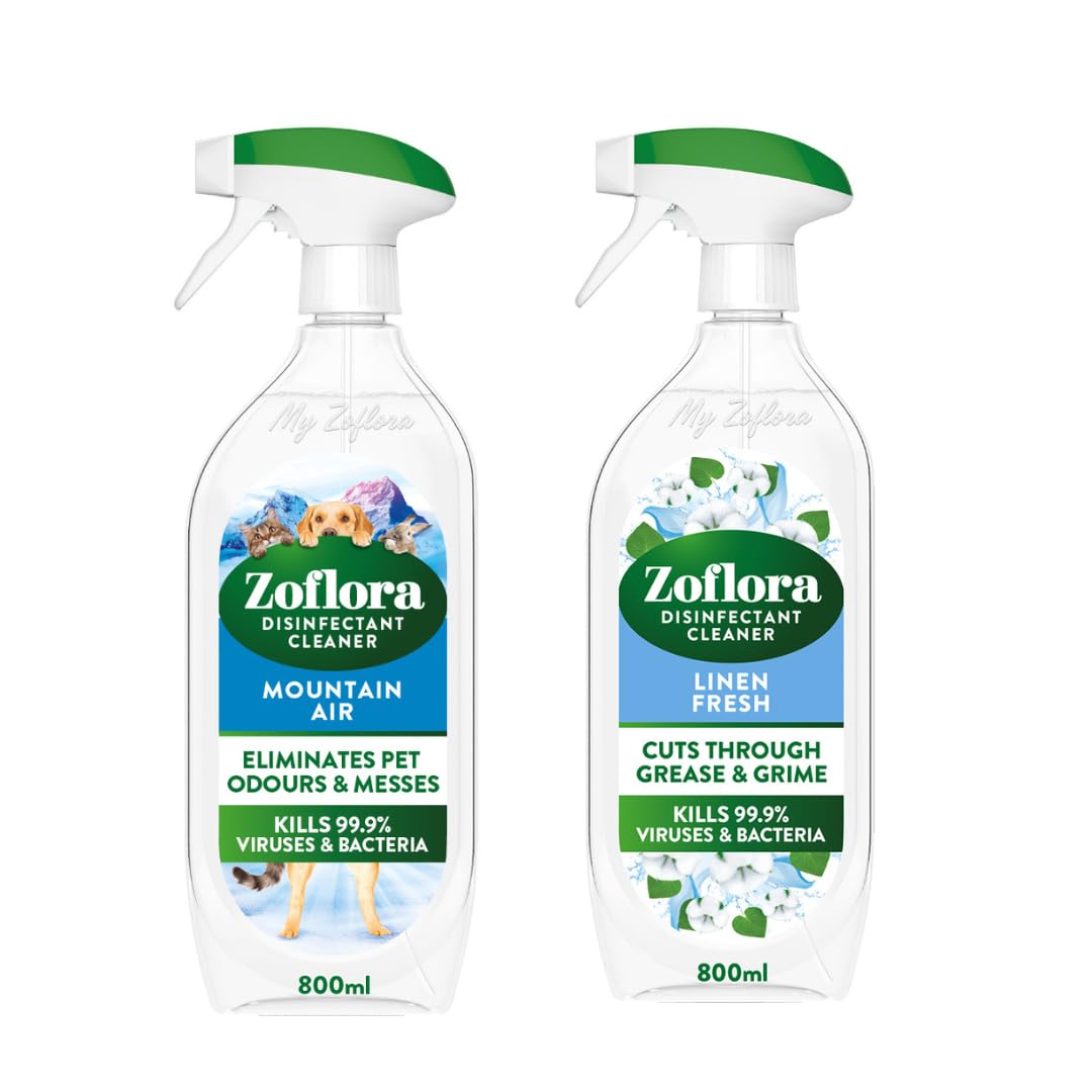 Bundle of Zoflora Linen Fresh + Mountain Air Multipurpose Disinfectant Sprays 2 x 800ml, Antibacterial Multi-surface Cleaner, Pet-Friendly, Kills 99,9% of Bacteria & Viruses