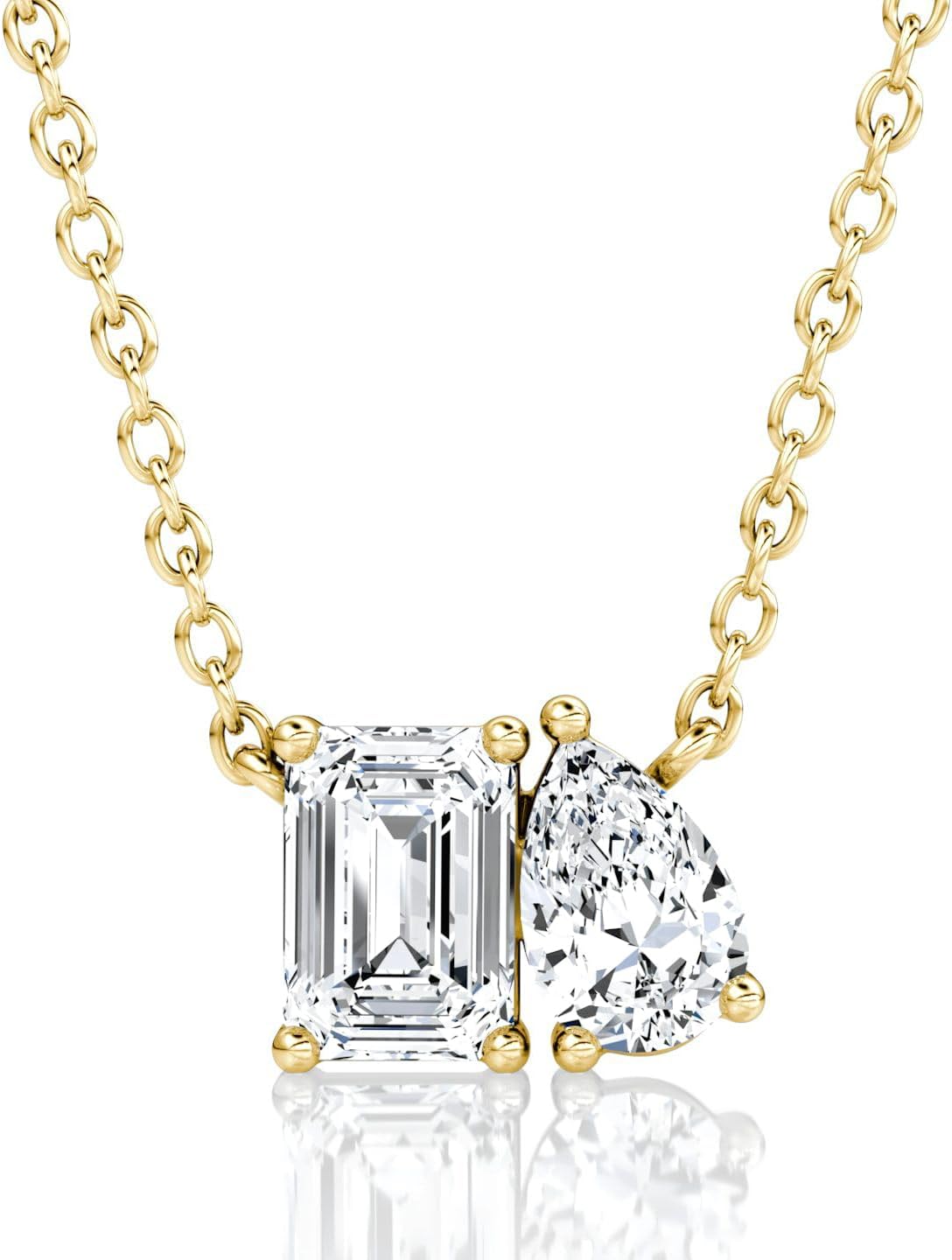Gold Toi et Moi Necklace for Women, Emerald Cut & Pear Cut Cubic Zirconia Pendant, 14K Gold Plated Brass Dainty Cable Chain Necklace, Minimalist Two Stone Jewelry Gift