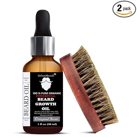 UrbanMooch Organic Beard Growth Oil & Boar Bristle Beard Brush Combo Set