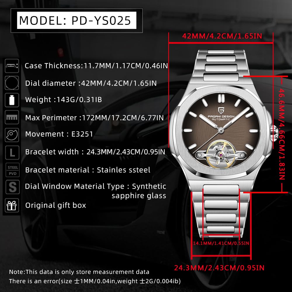 Pagani Design Herrenuhr, PD-YS025, Herren Automatik, Skelett Tourbillon, mechanisches Uhrwerk, sportliches Saphirglas, Edelstahlarmband, 42 mm Gehäuse