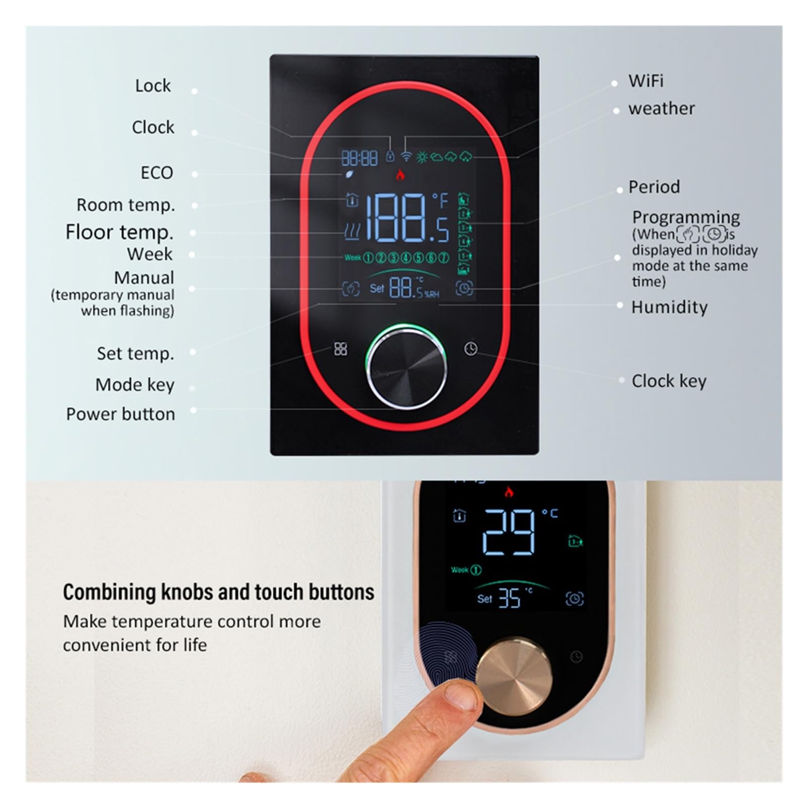 Termostat pokojowy z inteligentnym pokrętłem i funkcją ogrzewania WiFi, regulator temperatury Kontrola temperatury(Wit)