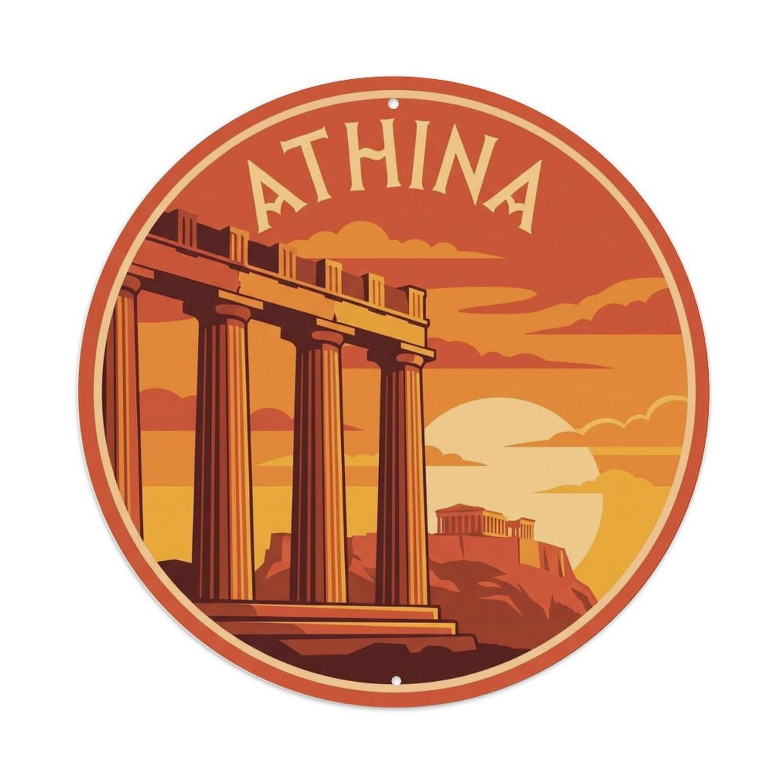Vintage Travel Athens Parthenon Columns 1 Metal Tin Sign Plaque Wall Decor for Cafe, Club Bar, Office, Home Garden Round Metal Poster 8x8Inch