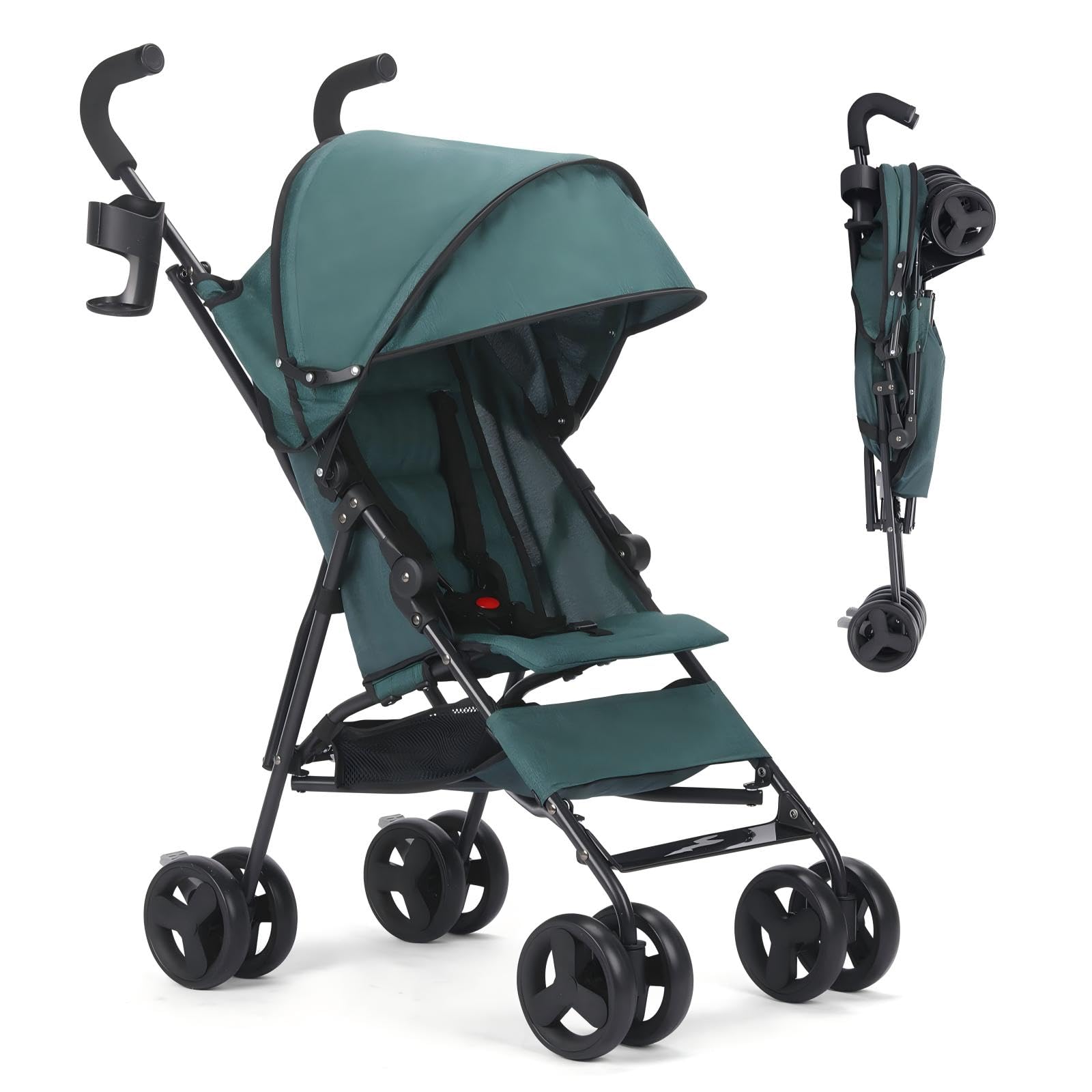 Einhändig klappbarer, leichter Kinderwagen, großer Aufbewahrungskorb, Verdeck, Getränkehalter, kompakter Regenschirm-Kinderwagen, robuster Rahmen, Reise-Kinderwagen für Flugzeuge 6-36M(dunkelgrün)