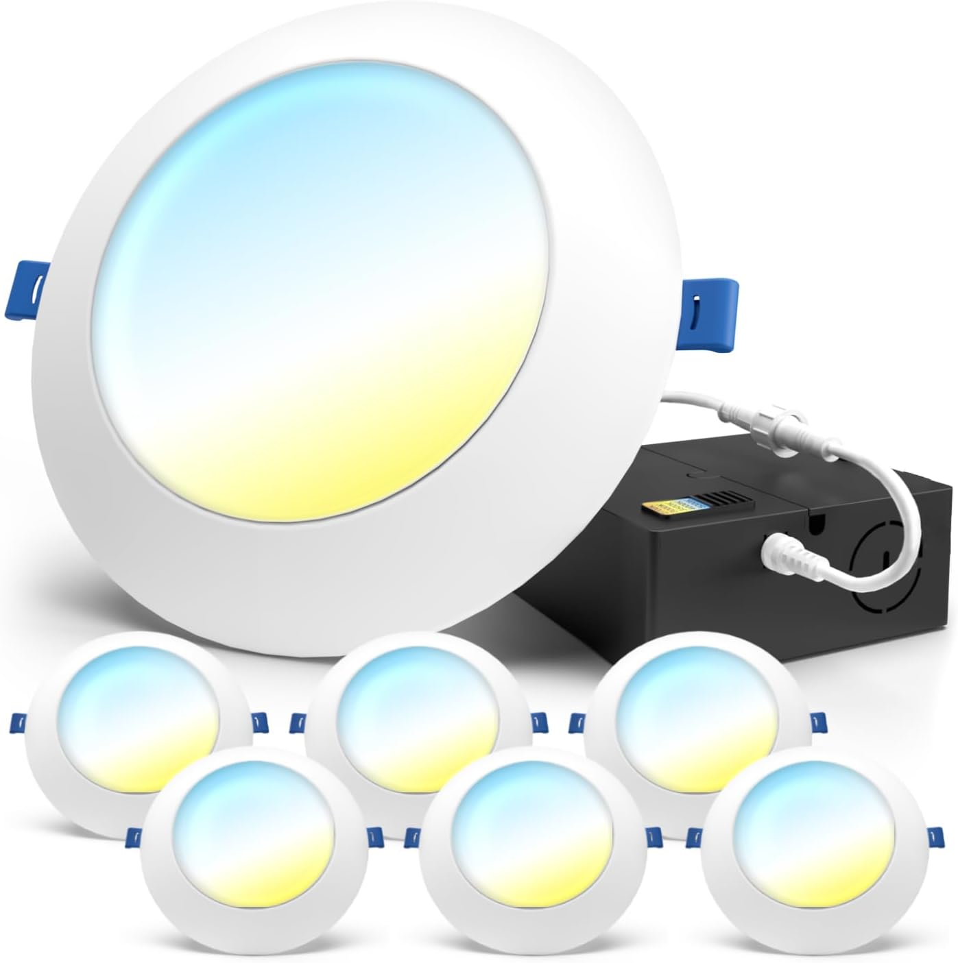 Sunco 6 inch LED Disk Recessed Lighting with Junction Box 14W Selectable CCT 2700K/3000K/3500K/4000K/5000K Dimmable 1300 LM Canless ETL.