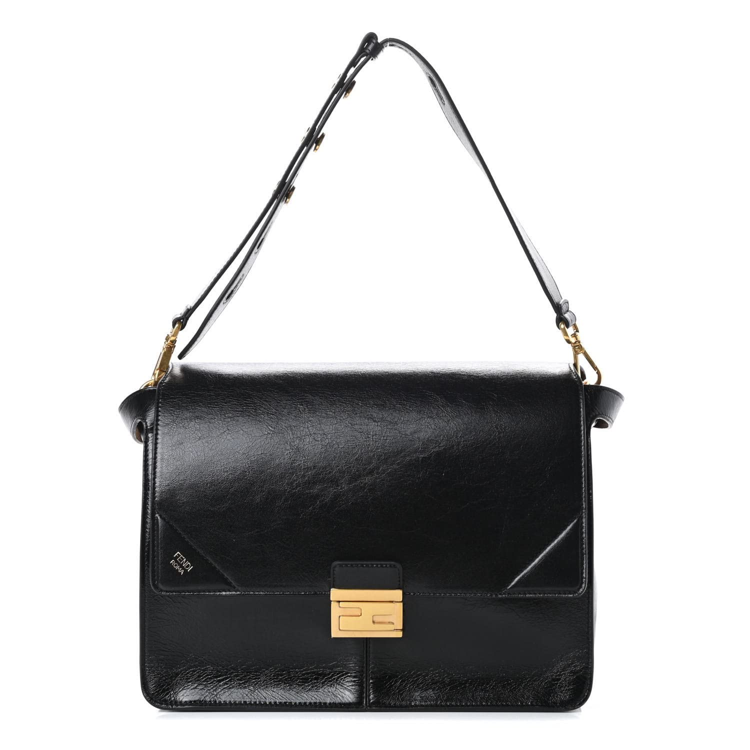 FENDIKan U Black Agnello Old Shine Lambskin Leather Large Shoulder Bag 8BT314, Black, Large