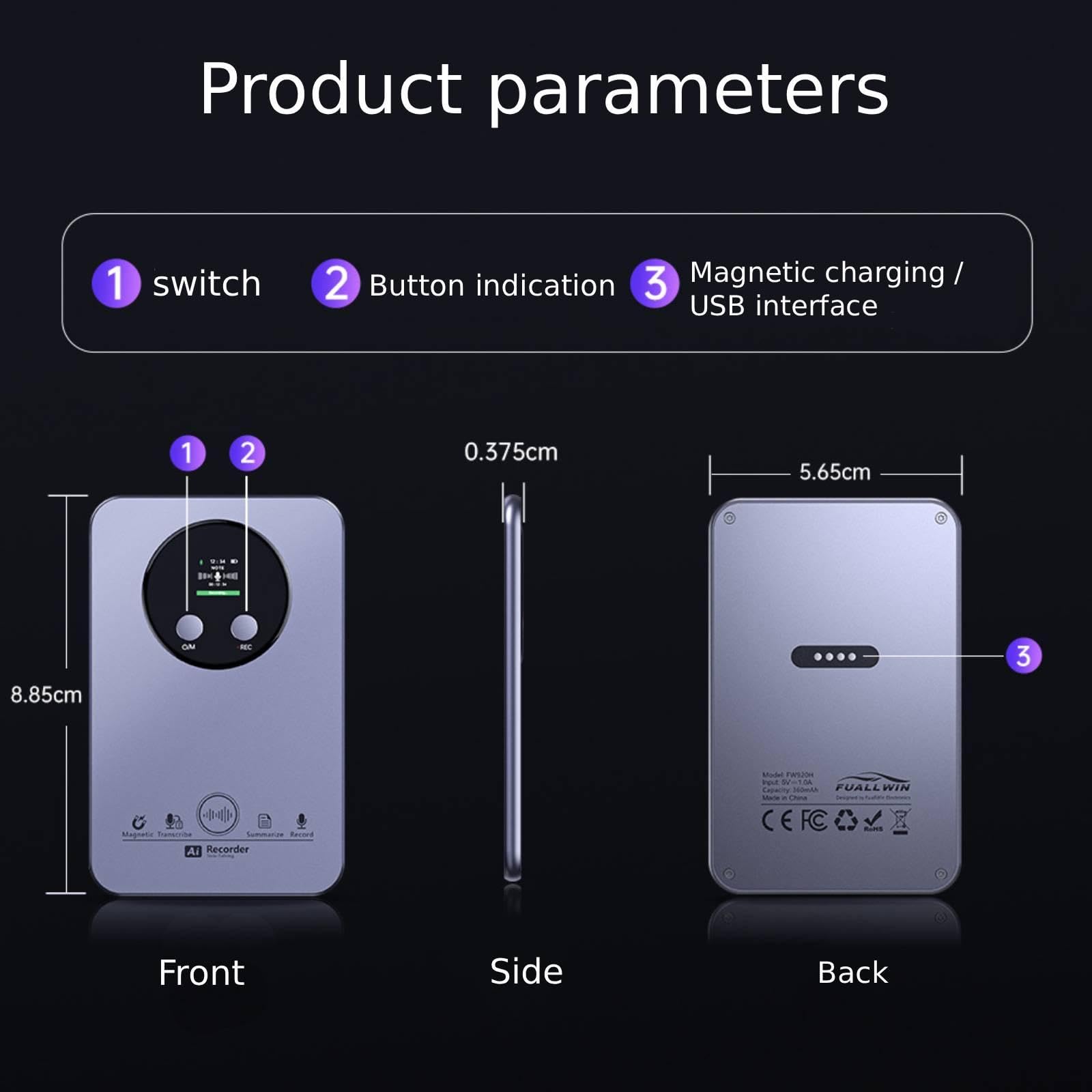 Magnétophone avec Intelligence Artificielle Transcription Vocale Automatique Enregistreur Vocal Numérique avec Stockage Interne 64go pour Réunions de, Bleu