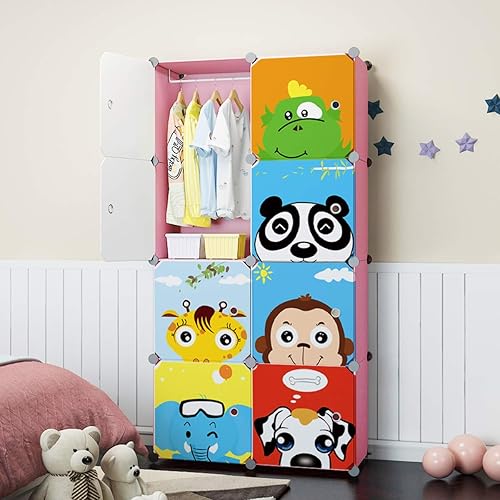Miniatura 5 de MAGINELS Armario para niños, armario para bebés y niños con puerta, lindo almacenamiento portátil de cubos para ropa, tocador para dormitorio, rosa,