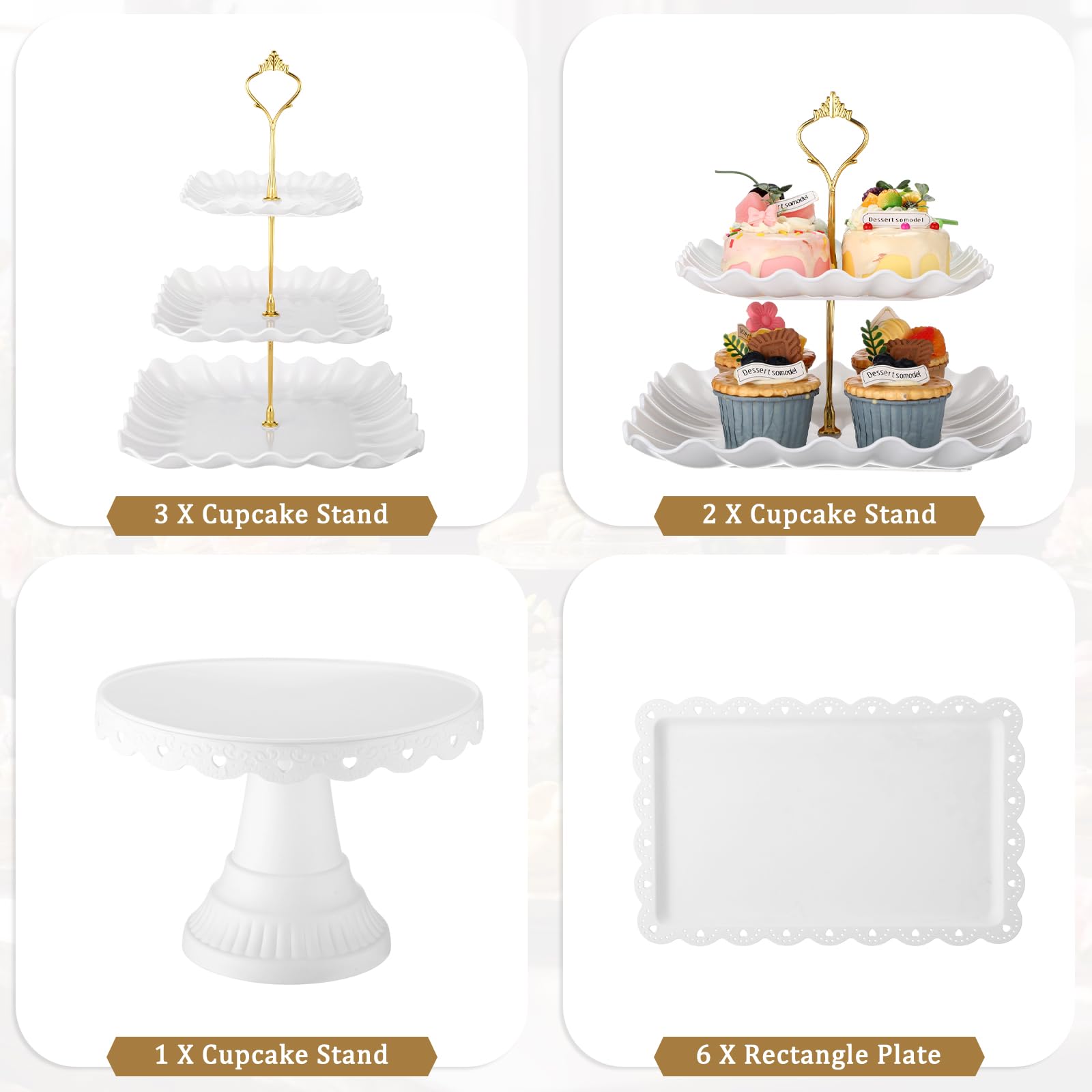 Willinglong 12 Pcs Dessert Table Display Stand Set Include 5 Square Cupcake Stand Holder Tier Tower 1 Cake Holder 6 Rectangular Serving Tray Combo for Party Birthday Baby Shower Wedding (White,Gold)
