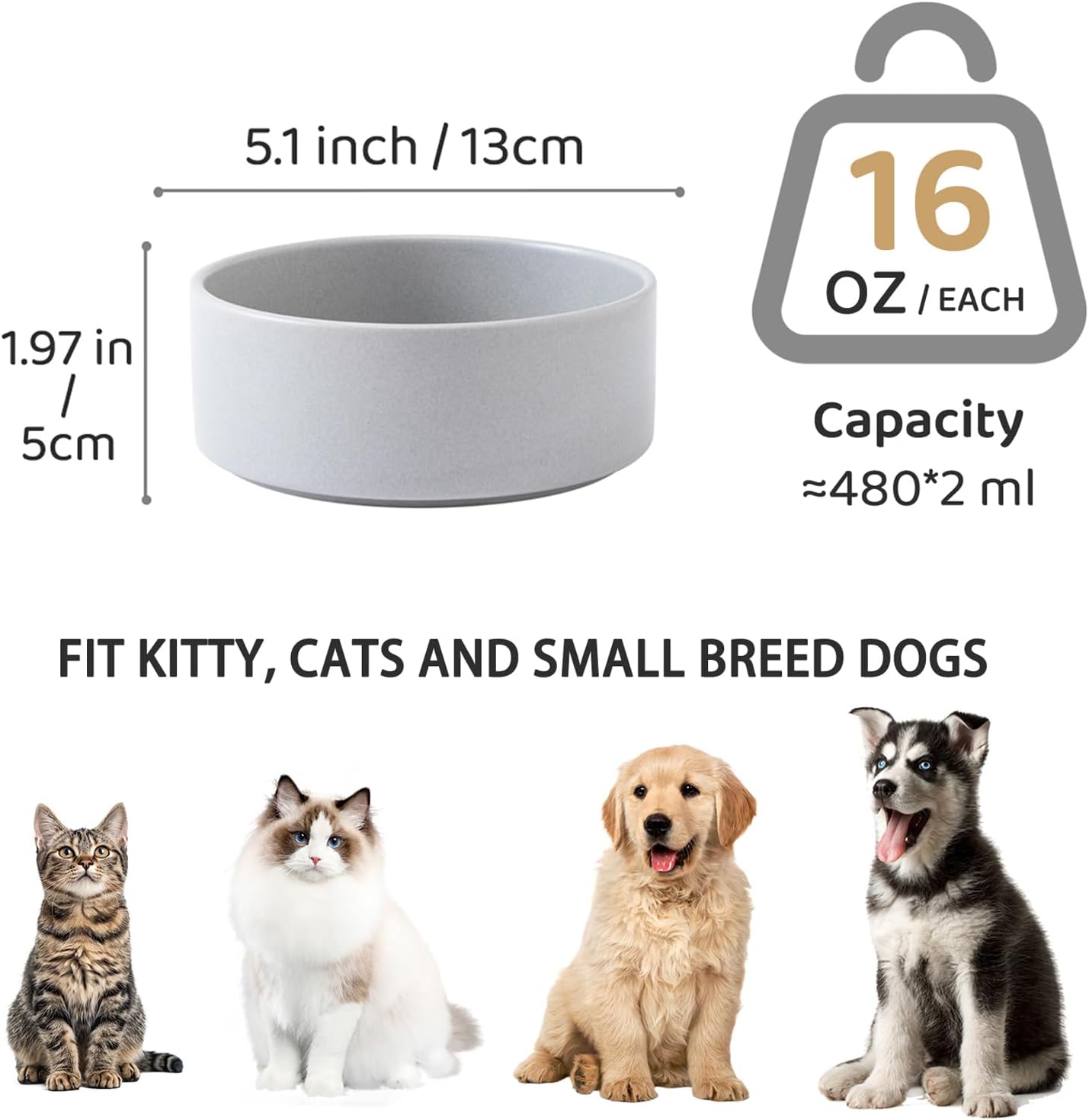 Ceramic Set of 2 Dog and Cat Bowls - Classic Food & Water Bowl for Kitty, Cats and Toy Breed Dogs, Weighted Dog Dishes, Food Grade Pet Bowl, Dishwasher & Microwave Safe (5.1'', 2*16OZ, Grey)