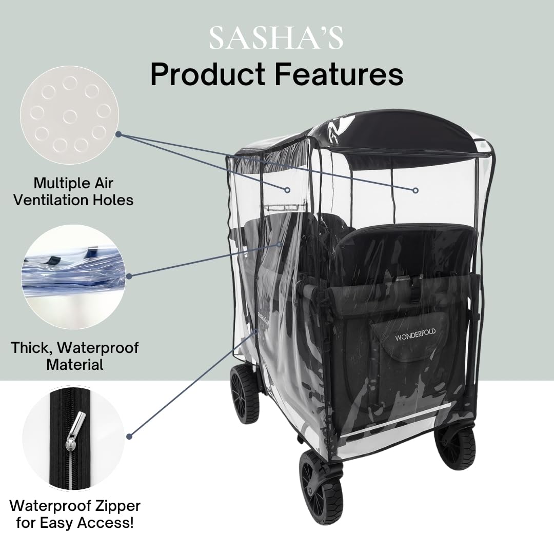 Rain Cover for the WonderFold W4 Original, W4 Luxe, and W4 Elite Stroller Wagons by SASHA'S – Clear, Zipper Access, Maximum Coverage (Stroller Wagon Not Included)