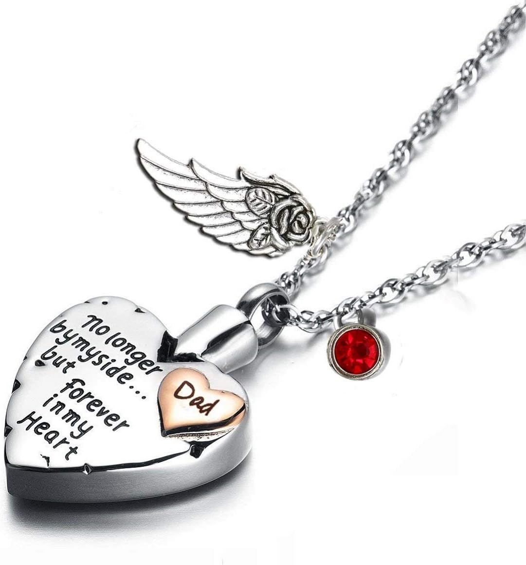 PREKIAR Heart Cremation Urn Necklace for Ashes Angel Wing Jewelry Memorial Pendant and 12 PCS Birthstones No Longer by My Side But Forever in My Heart
