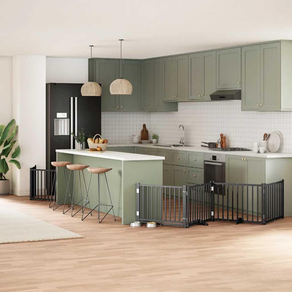 8-TLG. Puerta plegable para perros de madera de álamo, color negro, 640 cm, con puerta independiente, para cachorro y perro, como cierre, protección de seguridad, interior y exterior