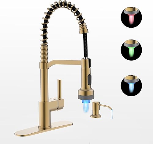 Grifo de cocina LED con dispensador de jabón, grifo de cocina dorado, grifo para fregadero de cocina, grifo de acero inoxidable de una sola manija disponible en Yaxa Peru