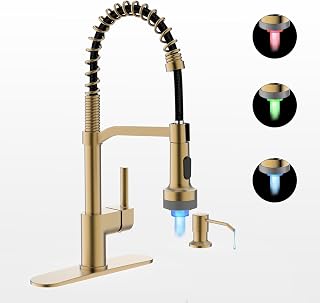 LED Kitchen Faucet with Soap Dispenser, Gold Kitchen Faucet, Faucet for Kitchen Sink, Single Handle Stainless Steel Camper Farmhouse RV Sink Faucets with Pull Down Sprayer