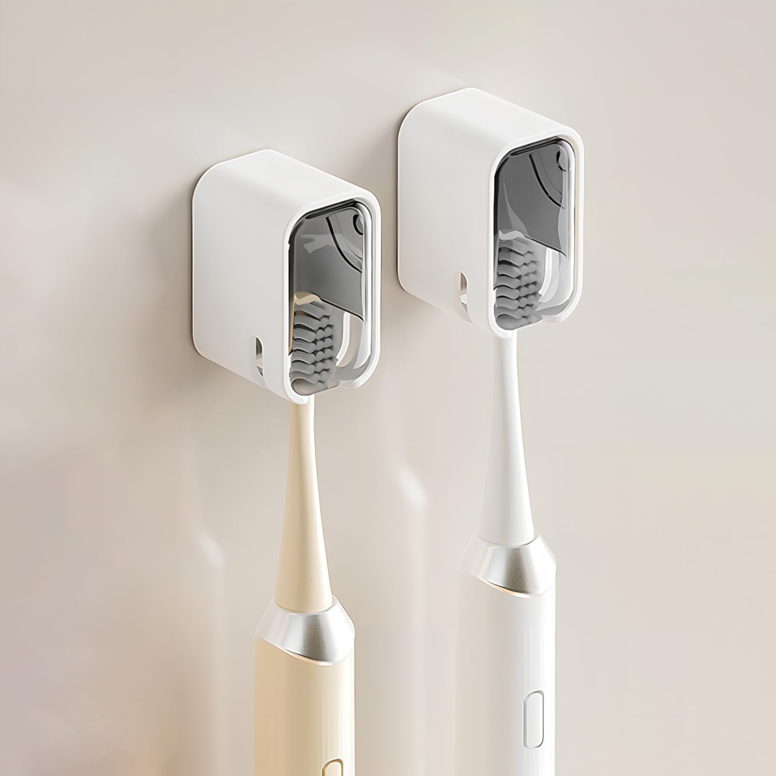 Wall Mounted Toothbrush Holders for Bathroom,Strong Self Adhesive Tooth Brush Holder with Cover, Toothbrush Heads Organizer for Family, 2 Pcs