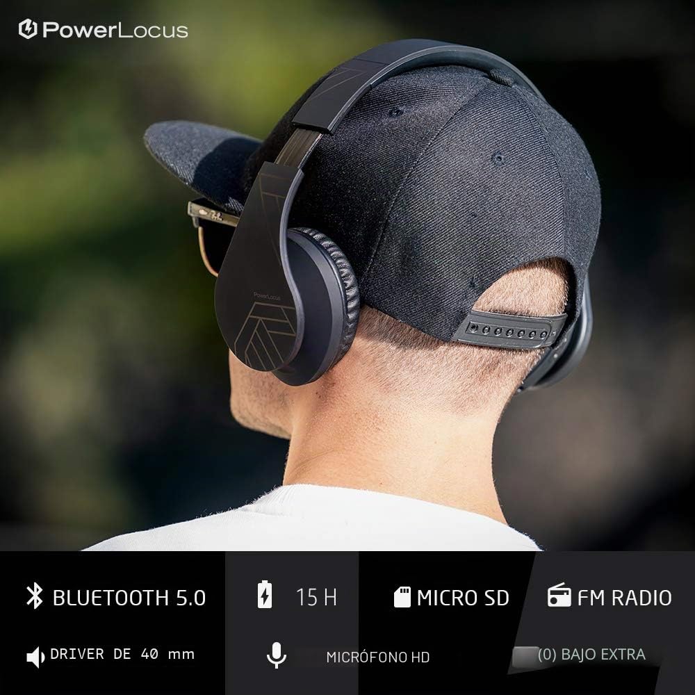PowerLocus P2 - Auriculares Bluetooth inalambricos de Diadema Cascos Plegables, Casco Bluetooth con Sonido Estéreo Micro SD/TF, FM con micrófono y Audio Cable para Movil, PC, Tablet - Negro