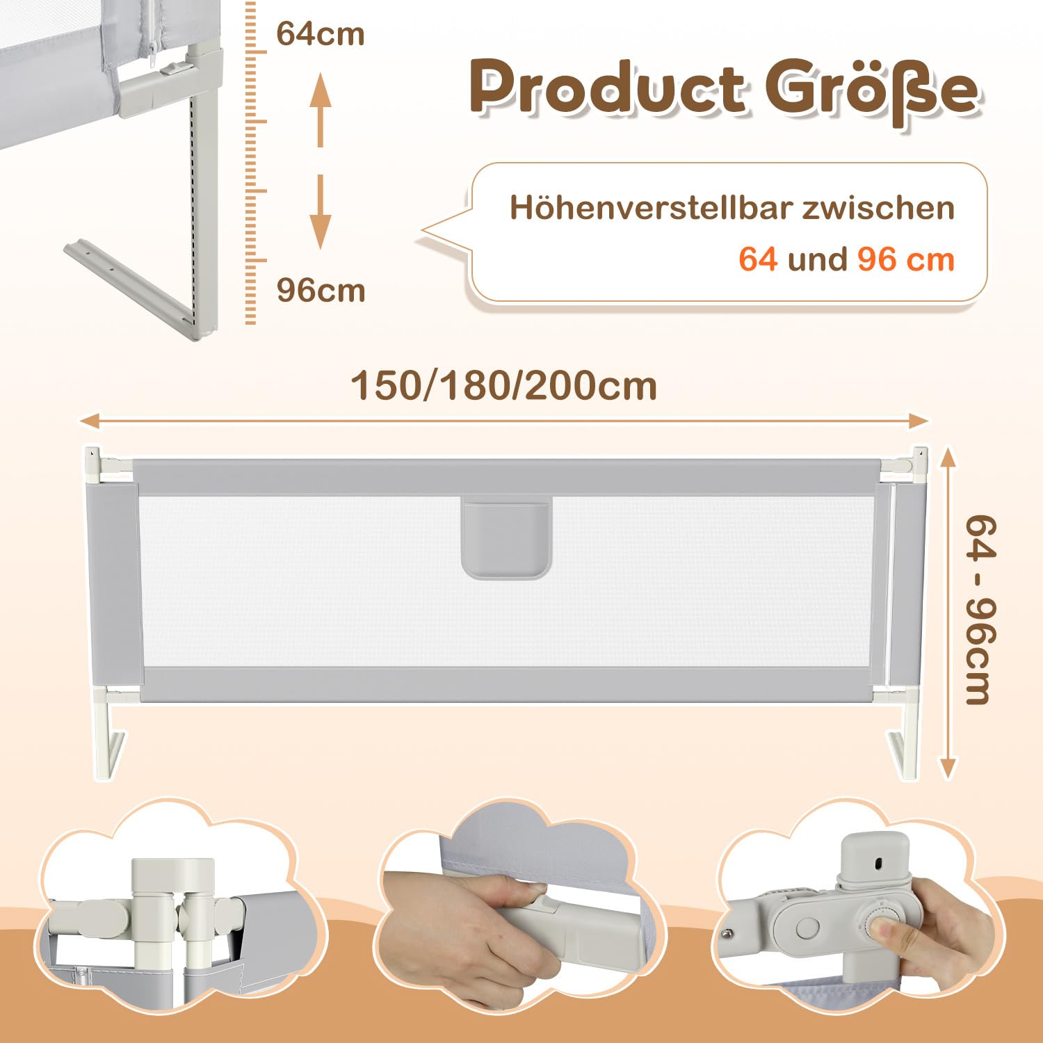 Ikodm Bettgitter für Kinder 2X 200cm und 1x 180cm, Bettschutzgitter Höhenverstellbar von 64-96cm, Rausfallschutz Bett, Kinderbettgitter, Babybettgitter Sicher, Grau