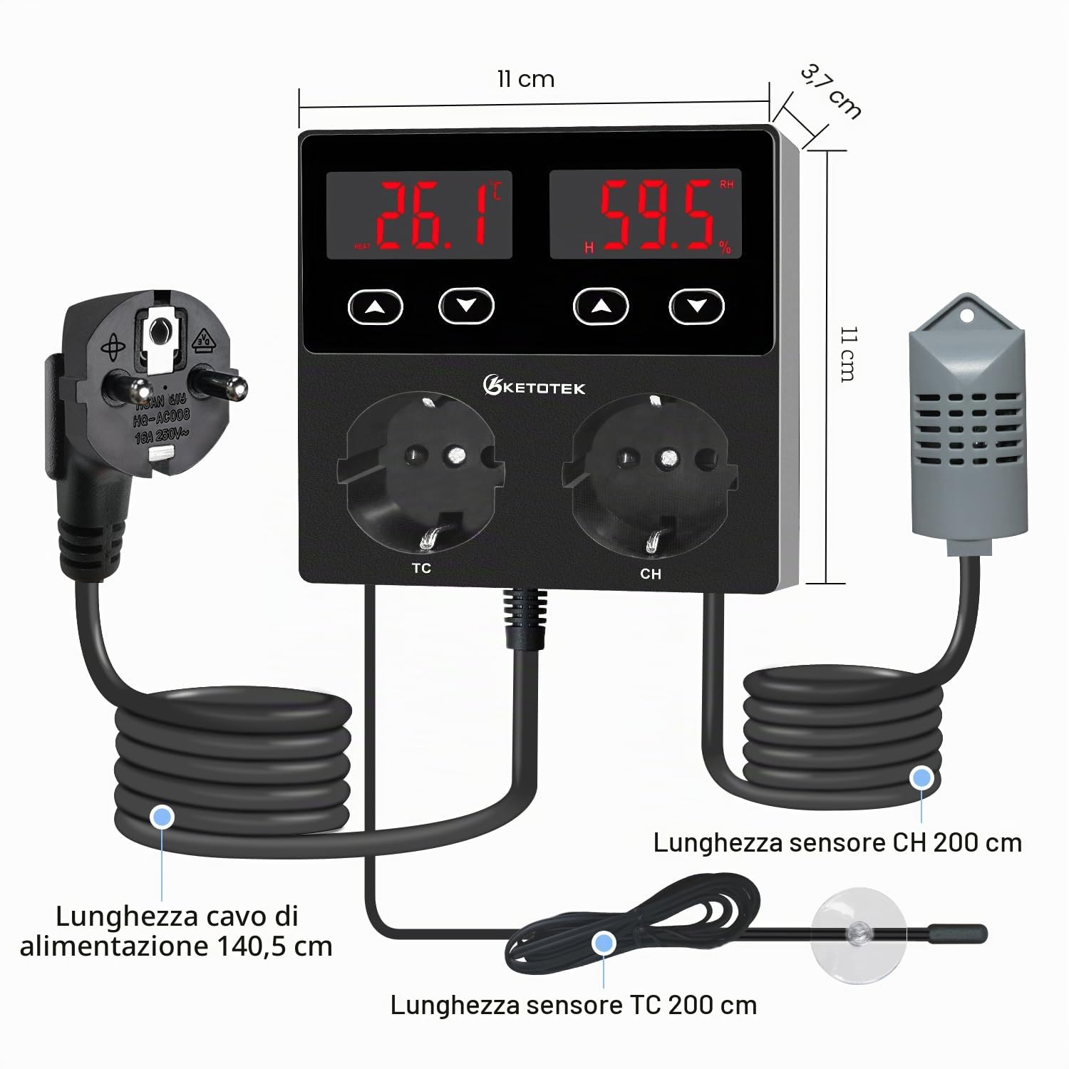 KETOTEK Termostato Igrostato Presa Digitale, Regolatore di Temperatura e Umidità con Sonda, Regolatore di Umidità Spina 230V Umidostato con Allarme per Serra Rettili Terrario
