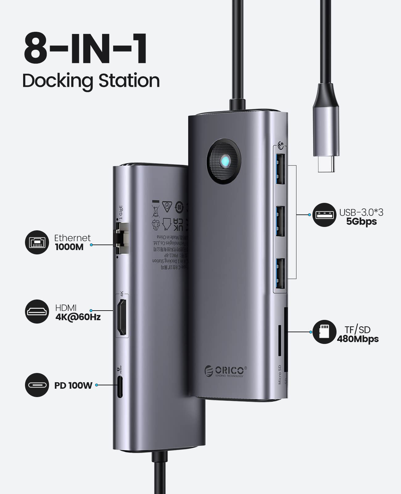 ORICO USB C Docking Station,8 in 1 USB C Dongle with HDMI 4K+PD100W+3*USB3.0+Ethernet+SD/TF, USB C Hub Multiport Adapter for MacBook/Dell/HP/Surface/Lenovo Grey