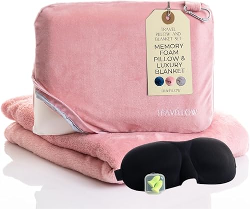 Conjunto de almohada y manta de viaje Travellow - Kit de viaje 4 en 1 con almohada de espuma viscoelástica, manta de viaje, máscara para dormir y