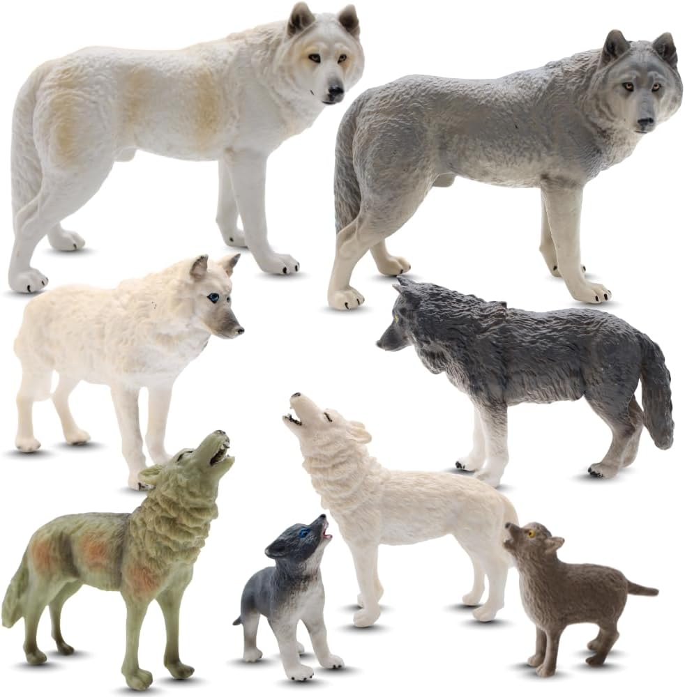 Wolf Bundle | 8-Piece Arctic, Grey & Black Wolf Figurines | Lifelike Wildlife Playset for Enthusiats & Collectors | Seasonal Animal Display Set