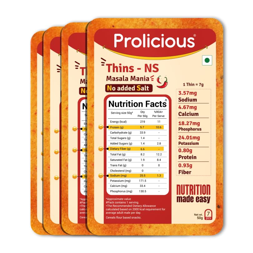 Image of Prolicious High Protein High Fiber No Salt Masala Mania Thins| No Plam Oil | Saltfree |Ideal for weightloss & PCOS | Healthy Snack | 50g each, pack of 4