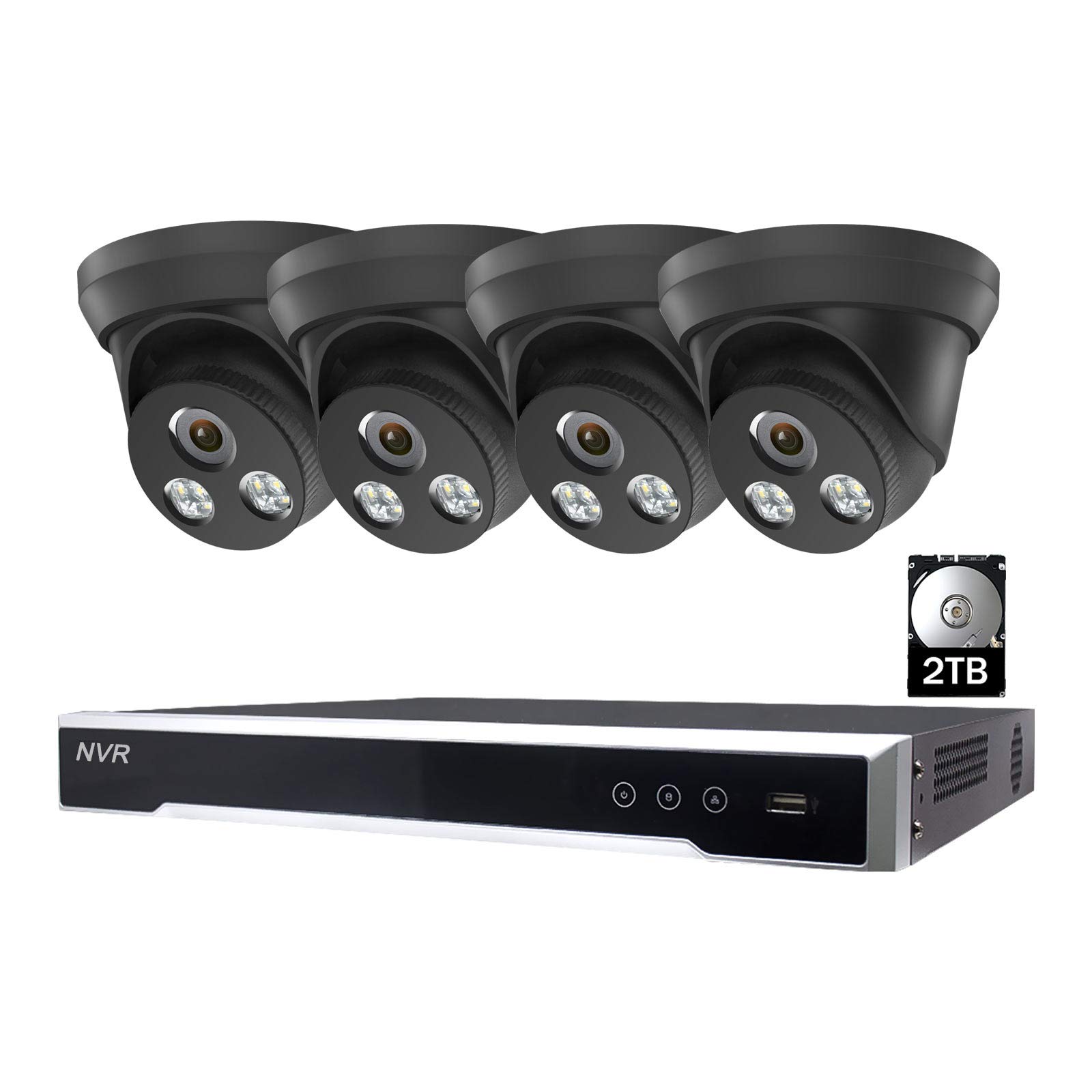 8CH 5MP Full-Time Color Night Vision IP Camera System, 4K 8MP 8-Channel H.265 NVR with 2TB HDD, 4Pcs 5MP Color Vu PoE Cameras with Audio, IP66 Waterproof for 24/7 Recording