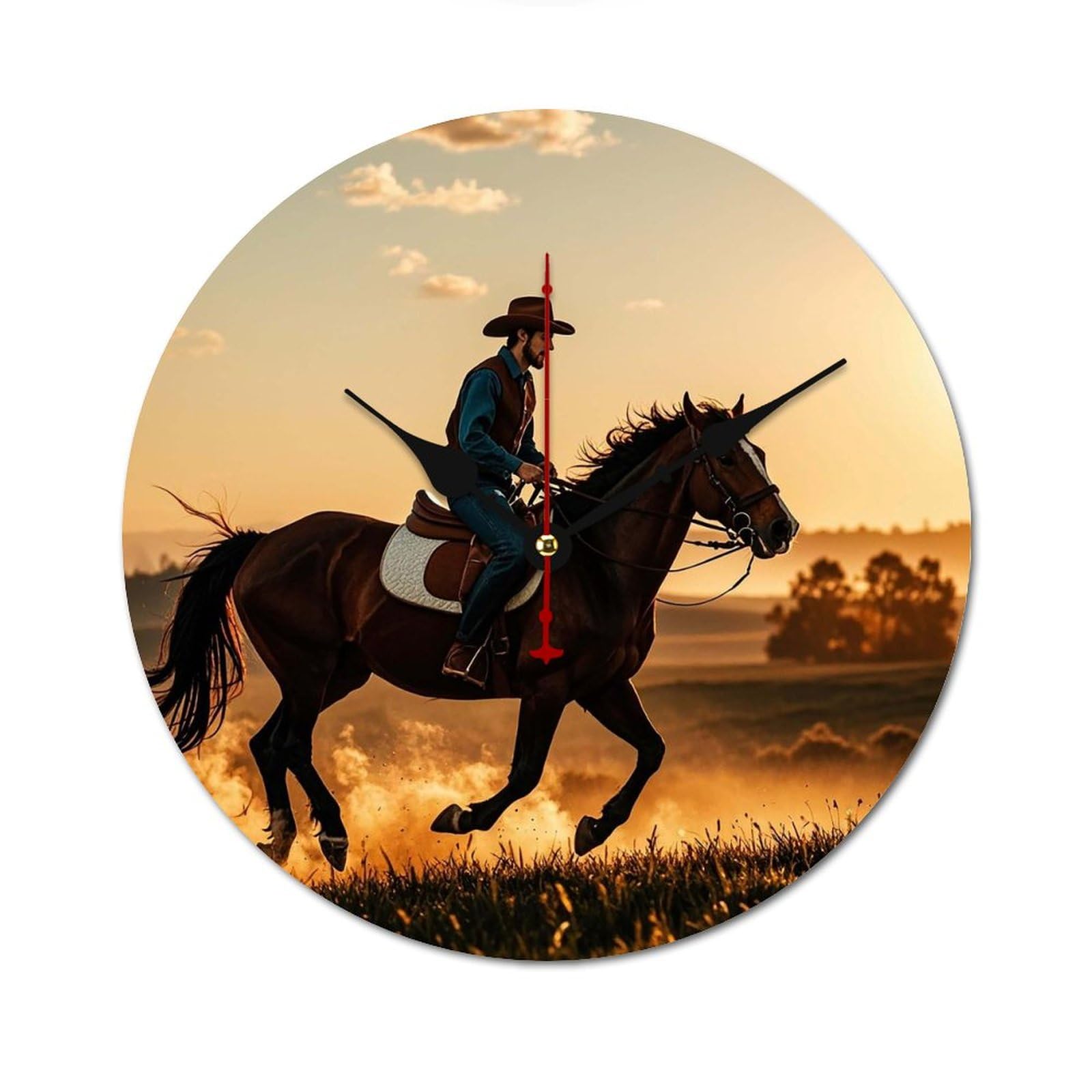 Horloge murale moderne en bois 60 cm décor cowboy pour salon