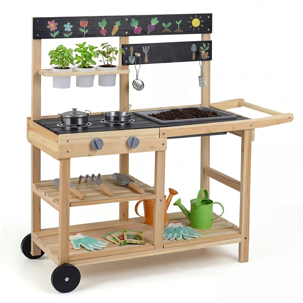 COSTWAY Mud Kitchen, Fir Wood Outdoor Kitchen Playset with 3 Planting Pots, 2 Stoves, Removable Sink, Blackboard, Storage Shelves & Accessories, Kids Potting Bench for Boys Girls Ages 3+