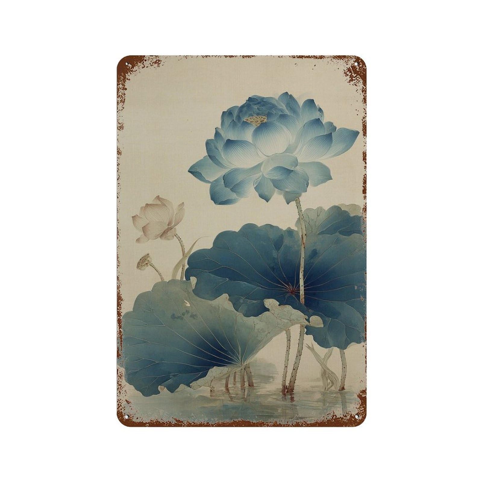 xiaoxiaoshen Blue Lotus Flower Japanese Watercolor Botanical Minimal Asian Tranquil Nature Wo Wall Decor Art Metal Tin Poster Modern Home Decor Art Home Bar Shop Decorations Vintage Sign 30x20cm