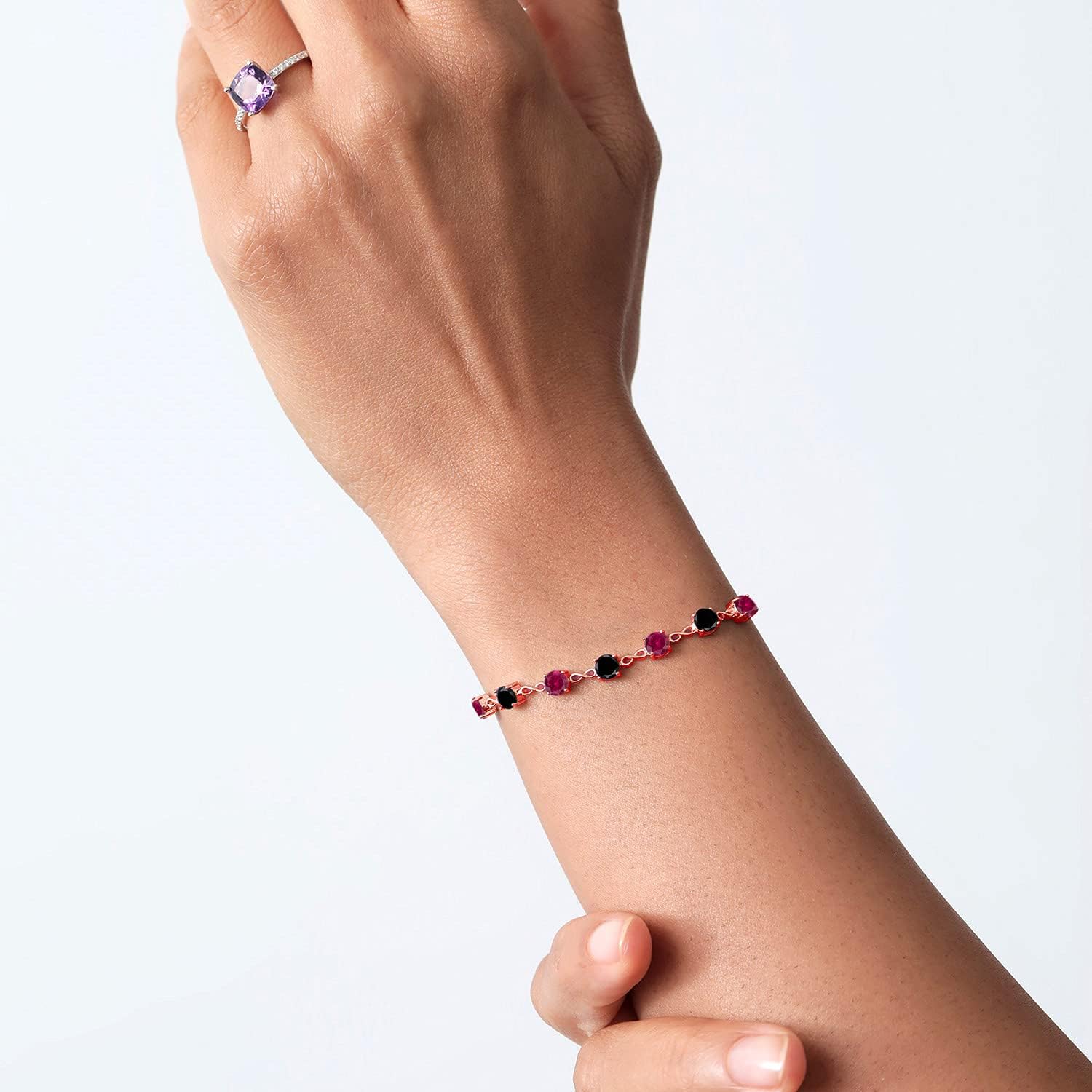 Gem Stone King 18K Rose Gold Plated Silver Red Created Ruby and Black Diamond Infinity Tennis Bracelet For Women (2.71 Cttw, Gemstone July Birthstone, Round 4.5MM, Fully Adjustable Up to 9 Inch) - Image 4