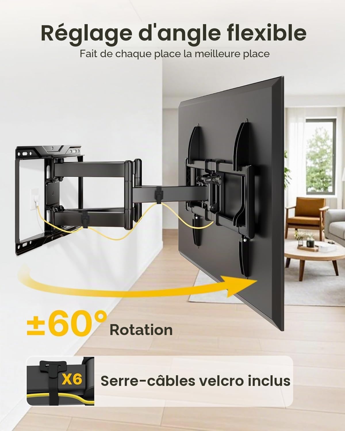 monTEK Support mural TV avec bras super long 638 mm pour téléviseurs de 37 à 90 pouces jusqu'à 75 kg, double bras articulés, inclinaison sans outil, fonction pivotante, VESA max. 600 x 400 mm