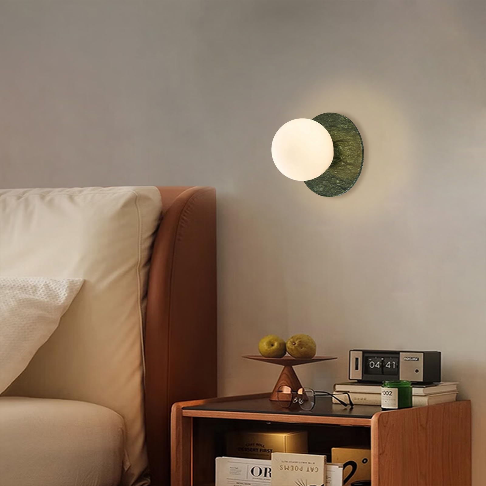 Kinkiet/lampa sufitowa z kamienia naturalnego, okrągła marmurowa oprawa ścienna z mlecznobiałym szklanym kloszem, dekoracja wnętrz w stylu nordyckim kinkiet do sypialni przy łóżku(Green)