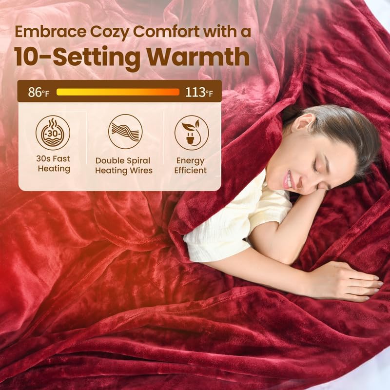 Bearhug Heated Electric Blanket - Soft Flannel Electric Throw Heating Blanket with 6 Heat Settings Full Size 77×84 inches Red - Velvet & Velvet