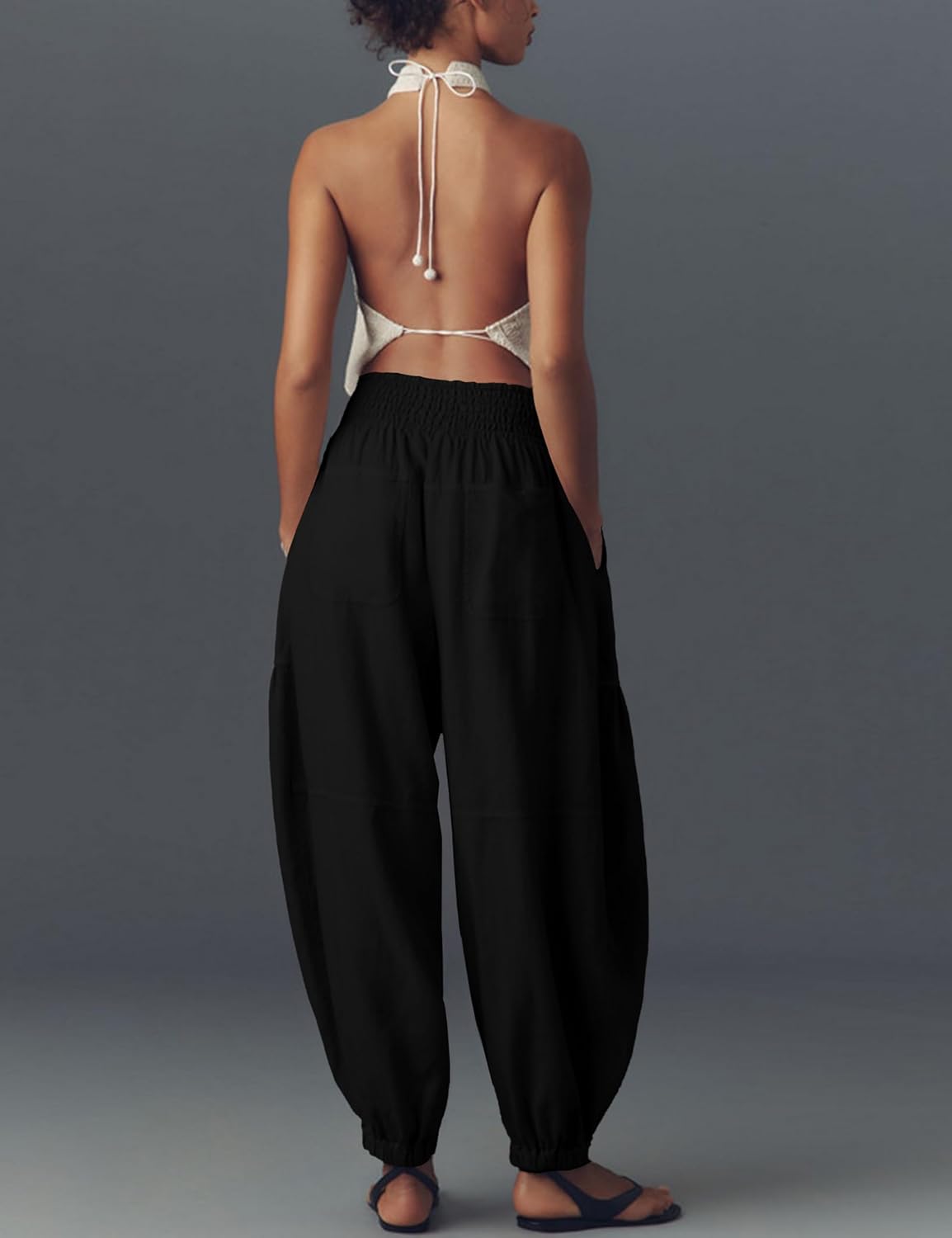 UANEO Womens Baggy Pants Pull On Cotton Linen Smocked Elastic Waist Tapered Relaxed Harem Trousers with Pockets - Image 2