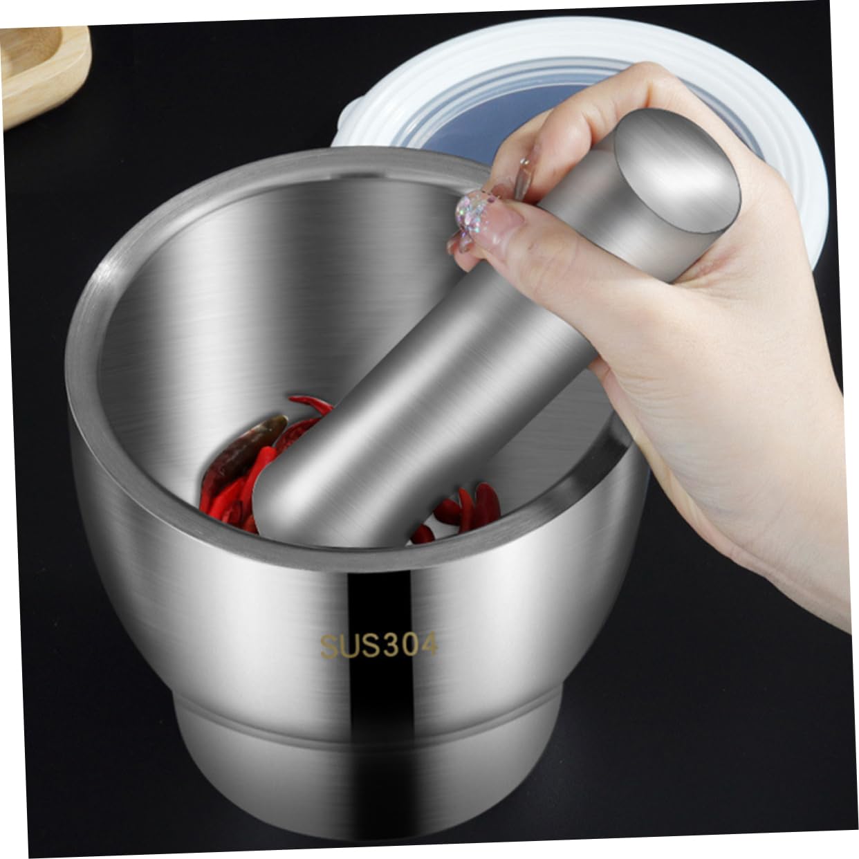 1 Set &Amp; Stößel Knoblauchmühlen Küchengeschirr Stößel Und Schüssel Mit Deckel Und Große Mahlschüssel Aus Edelstahl Metall Und schüssel Chilipulver Pürierwerkzeug