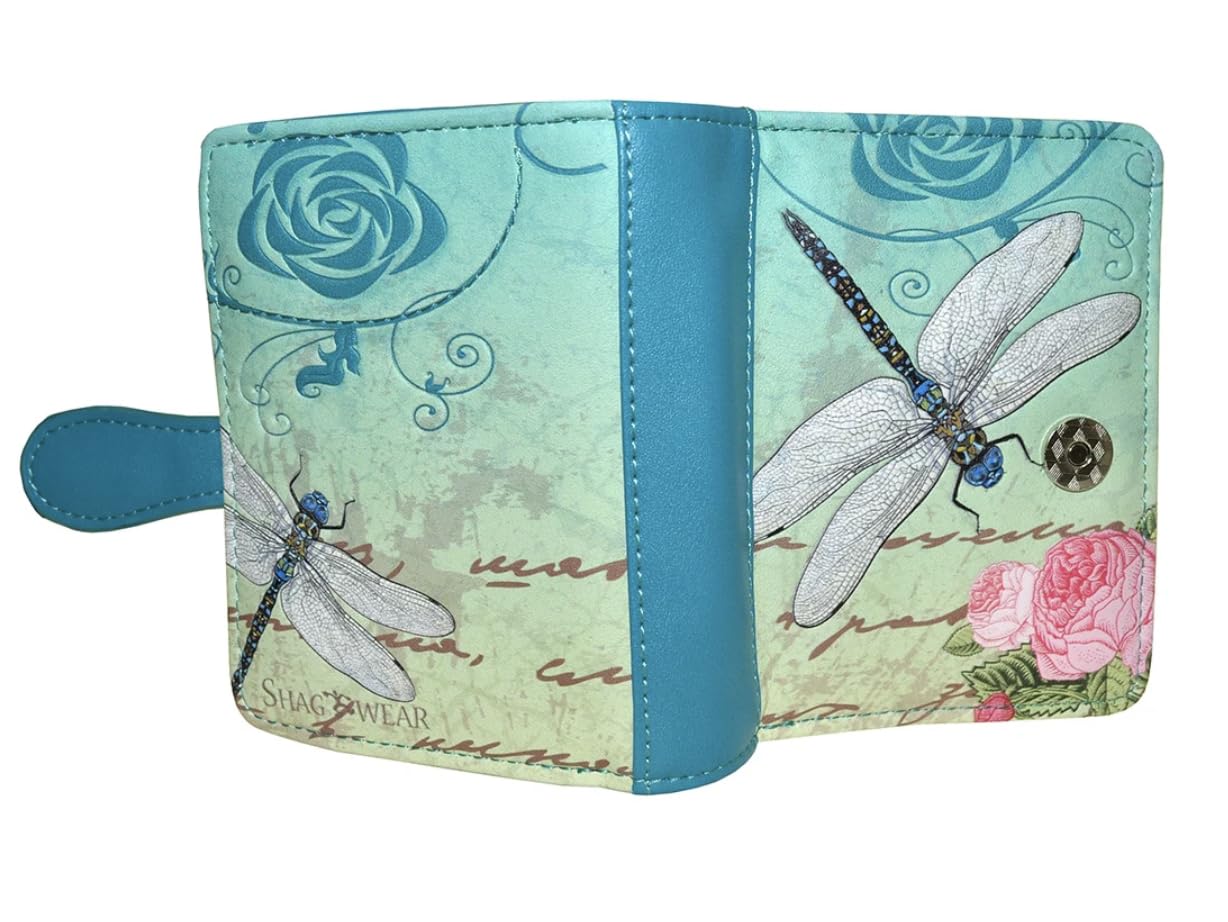 Shag Wear Vintage Dragonfly Small Women’s Wallet, Vegan Faux Leather Bifold with Card Slots, ID Window and Compact Snap Closure in Teal 4.5"