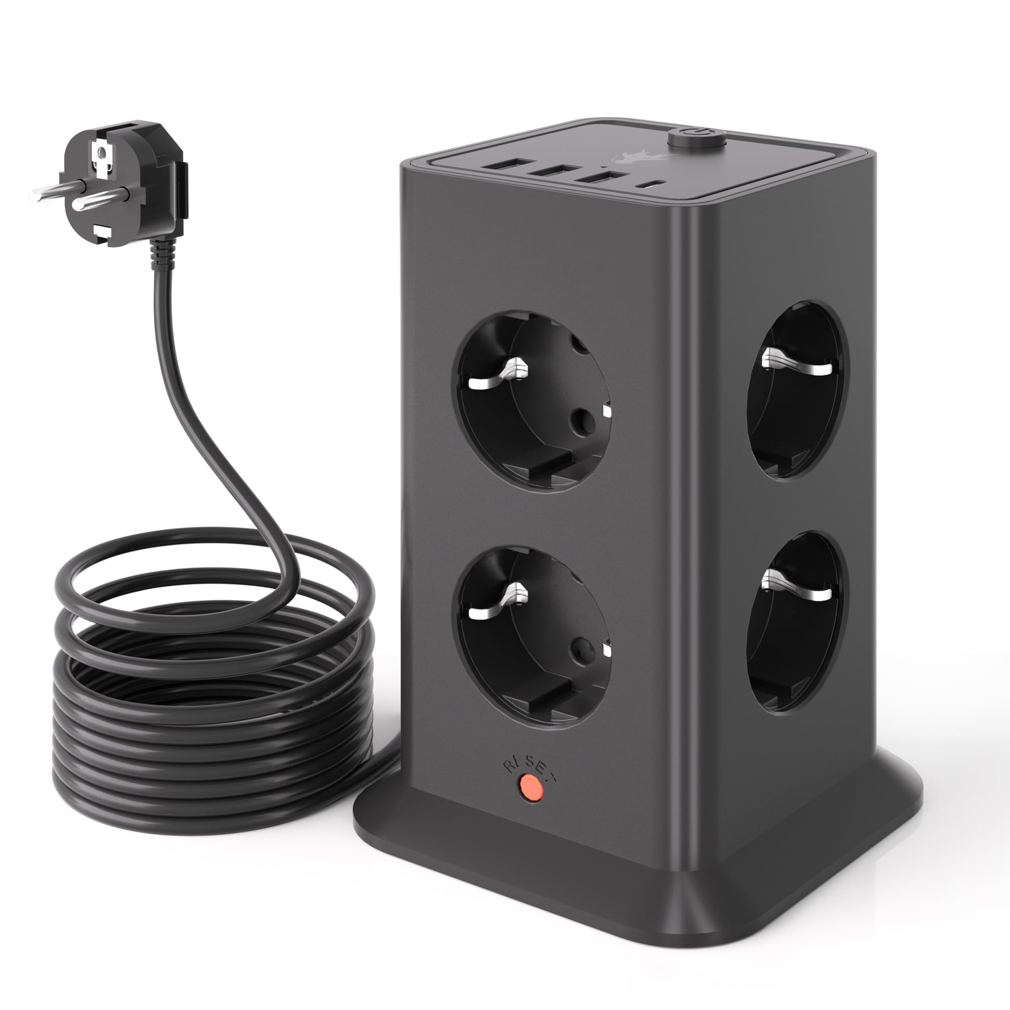 Multipresa a Torre Multifunzione con Interruttore, Parafulmine e 8 Prese Secteur e 4 Porte USB (Incluso 1 USB-C) 5V/3.4A Power Strip, 3680 W/16 A, Ideale per l'Ufficio, il Salone o la Camera 2M Nero