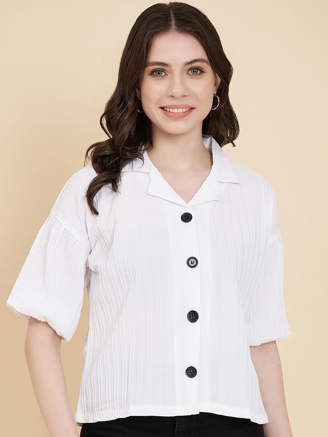 Ekasya Damen-Baumwoll-Mischgewebe, gestreiftes Muster, V-Ausschnitt, halbe Ärmel, stilvolles Boxy-Hemd für Damen, langes Hemd für Damen, Hemd, Tops für Damen, übergroßes Hemd für Damen (E1621)