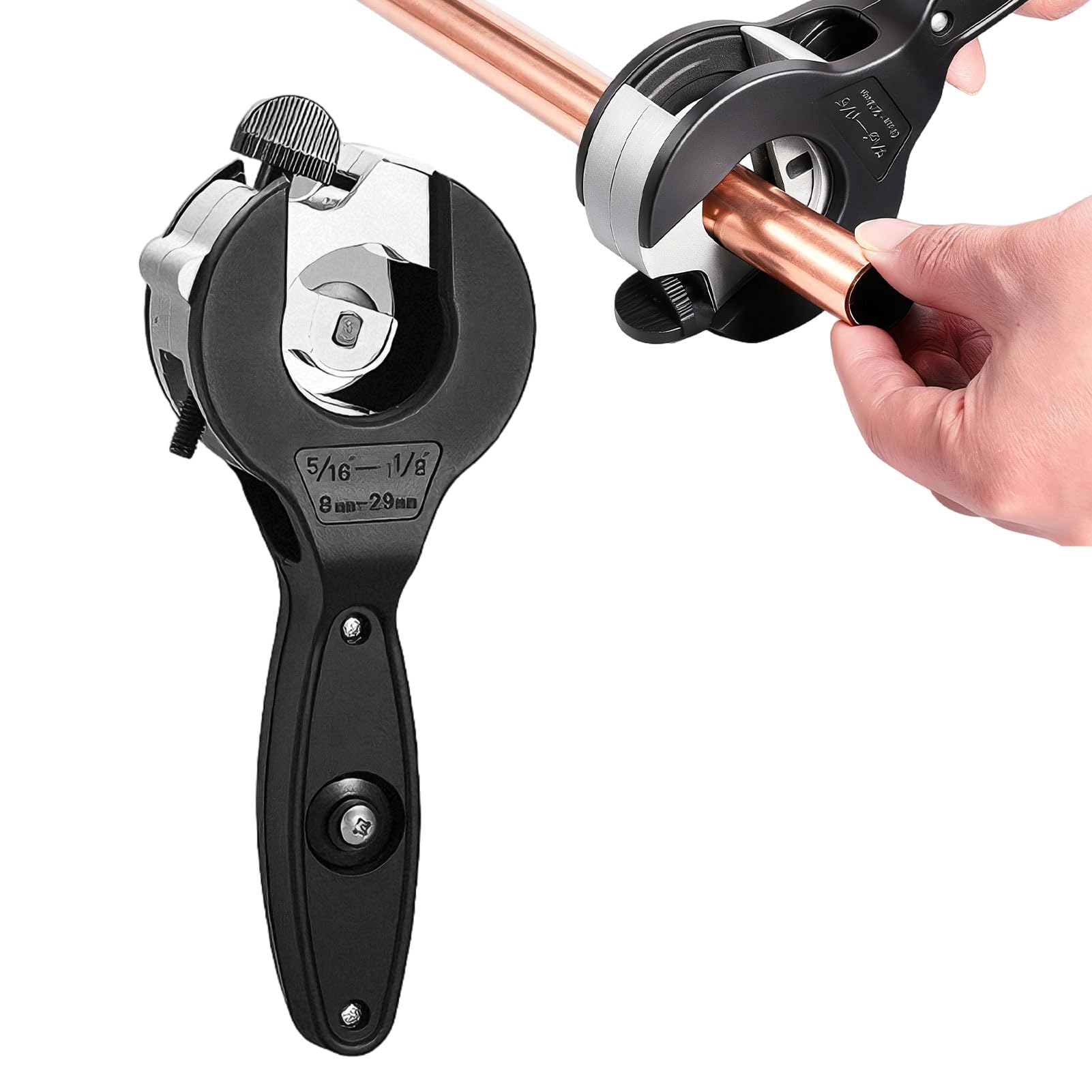 1Pcs Ratcheting Tubing Cutter Tool,2 in 1 Close Quarters 5/16to 11/8 InchSoft Metal Pipes Cutter,Ratchet Pipe Cutters Metal for 8-29 MM Tube Copper,Heavy Duty Ratchet Tube Cutter(with Spare Blade)