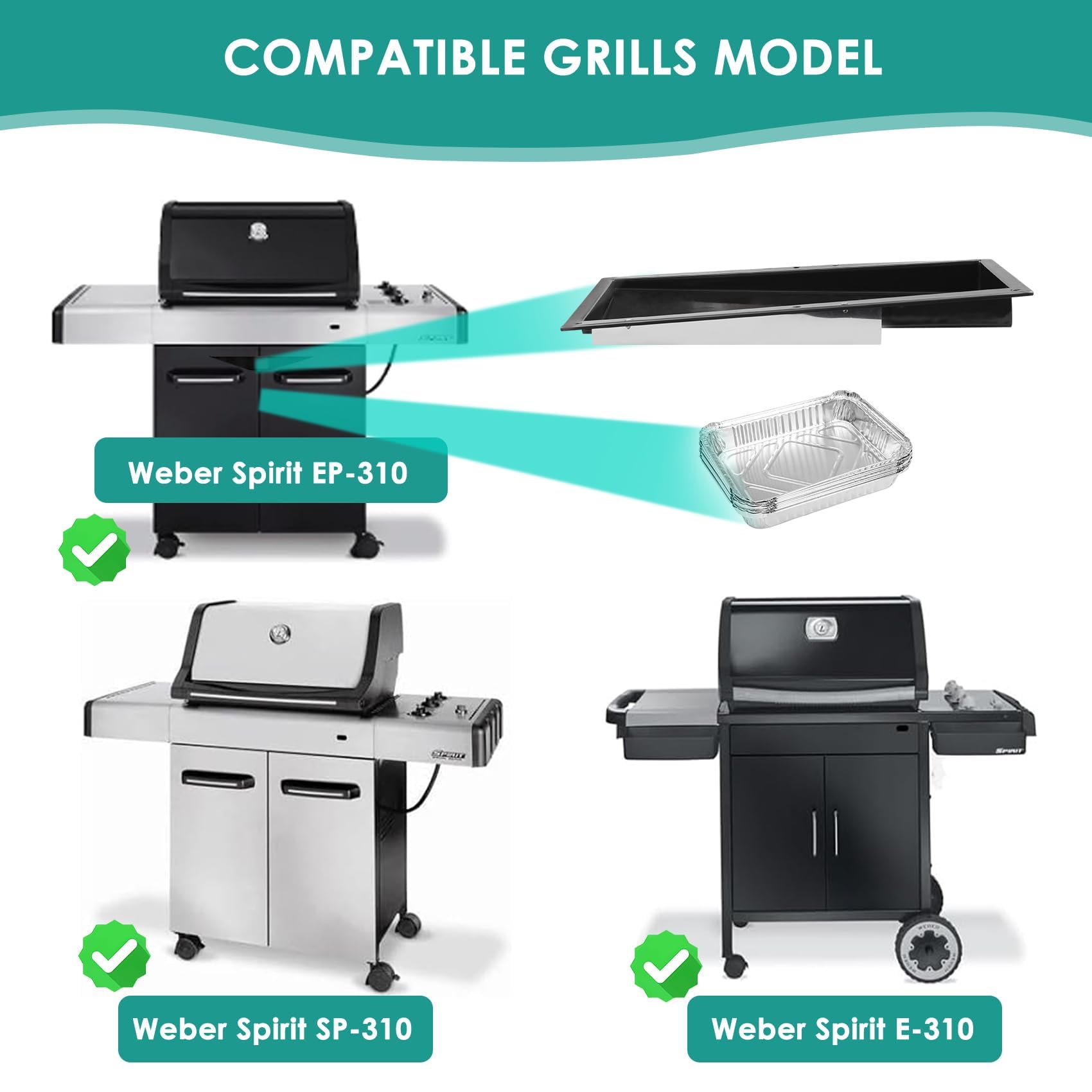 91354 Fettwanne mit 6415 Aluminiumfolien-Tropfwanneneinlagen für Weber Spirit 300 Grill, für Weber Spirit E-310, E-320, EP-310, EP-320, SP-310, SP-320 Ersatzgrill-Fettschalen-Ersatz-Set