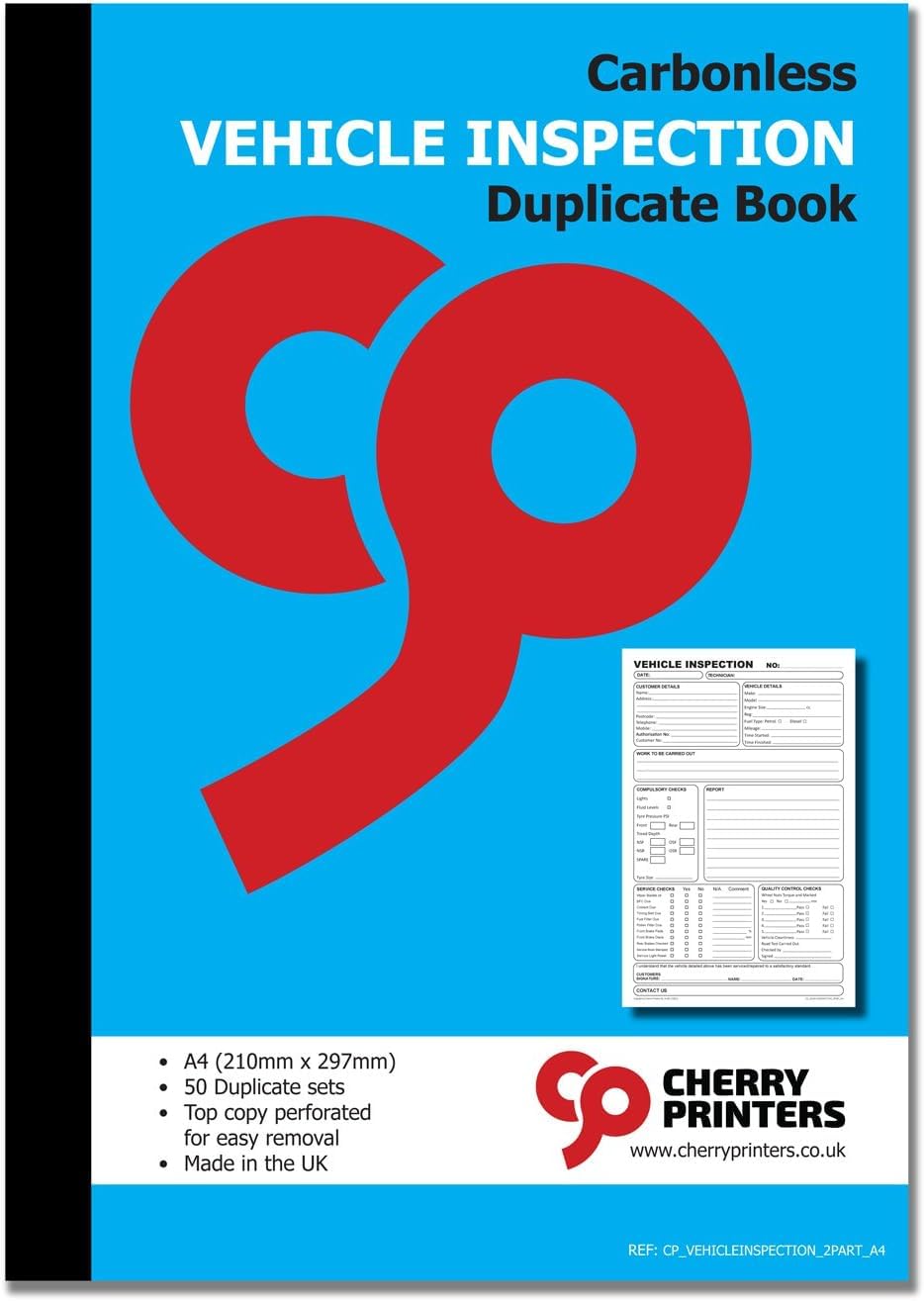 Cherry Printers Carbonless Vehicle Inspection Duplicate Book A4 | 50 Duplicate Sets | Top Copy Perforated for Easy Removal | Professional Record Pad for Vehicle Safety Checks | 20 Pack