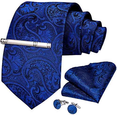 DiBanGu Silk Royal Blue Paisley Ties for Men Party Wedding,Woven Gift Necktie and Handkerchief Cufflinks with Tie Clip Formal