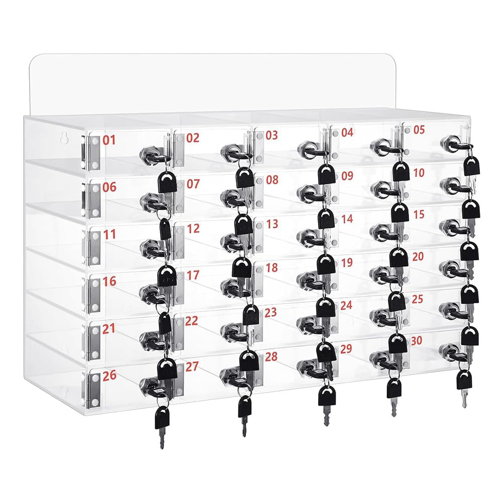 JUMEIYP Cell Phone Locker Box Clear Acrylic Cell Phone Storage Cabinet Wall-Mounted Cell Phone Lock Box with Door Locks & Keys for Classroom School Office Factory Employees(30 Slots)