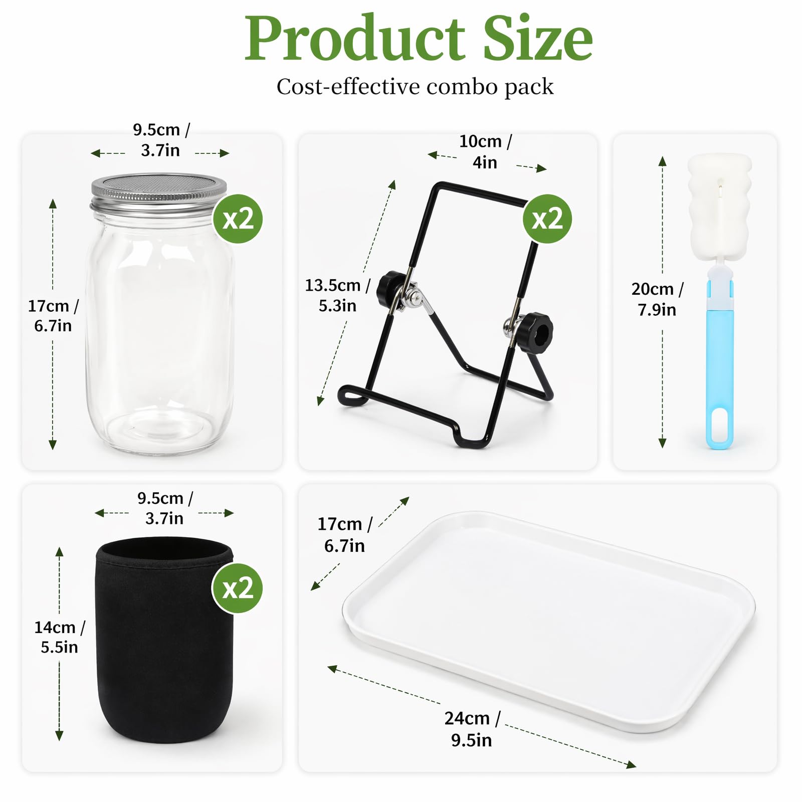 Keimglas, 2 Stück, 1000 ml Samen, Sprossenglas-Set, breite Öffnung, Einmachgläser mit Edelstahldeckel, Tablett, Ständer, Schattiertuch, Microgreens Wachstumsset für Alfalfa, Brokkoli-Samen
