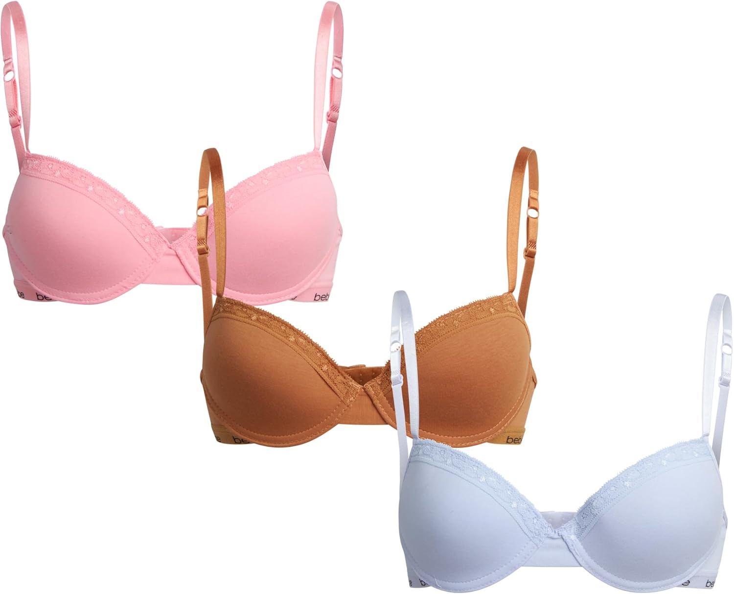 bebe Girls Training Bra - 3 Pack Soft Molded Bra with Adjustable Straps - Training Bra for Girls (A Cup/B Cup)