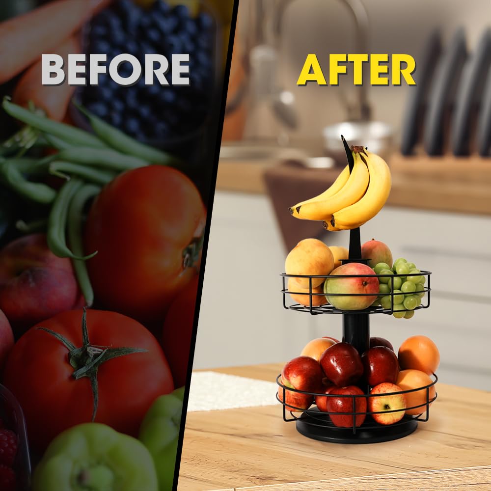 J JACKCUBE DESIGN Corbeille à fruits rotative à 2 niveaux pour comptoir de cuisine Panier à fruits et légumes avec support crochet banane (noir) – MK1313A