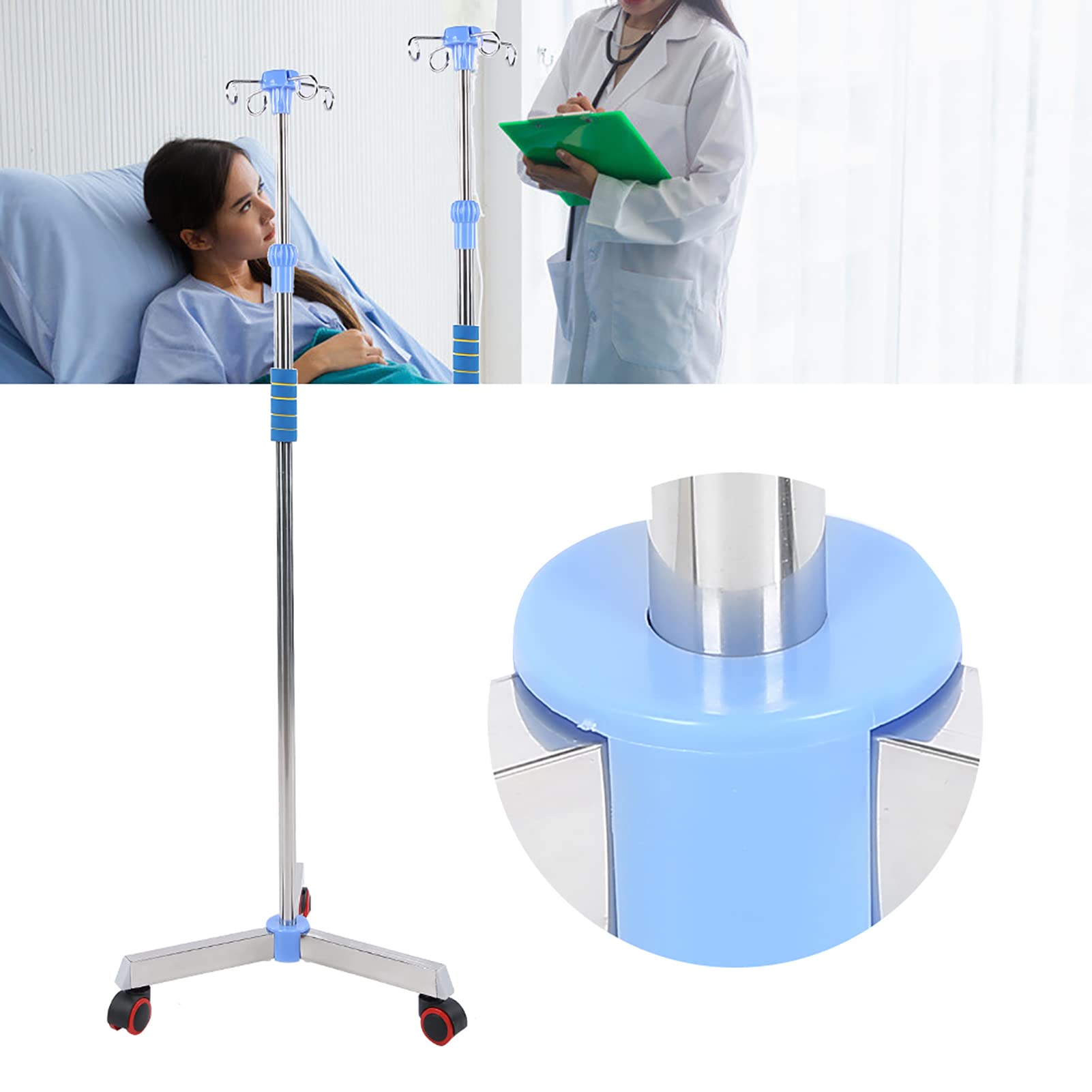 Perche IV avec Roues Poteaux de Support IV en Acier Inoxydable Porte-Sac IV pour Support de Perfusion Portable avec 4 Crochets Hauteur Réglable de 45,2" à 78,7" pour la Maison