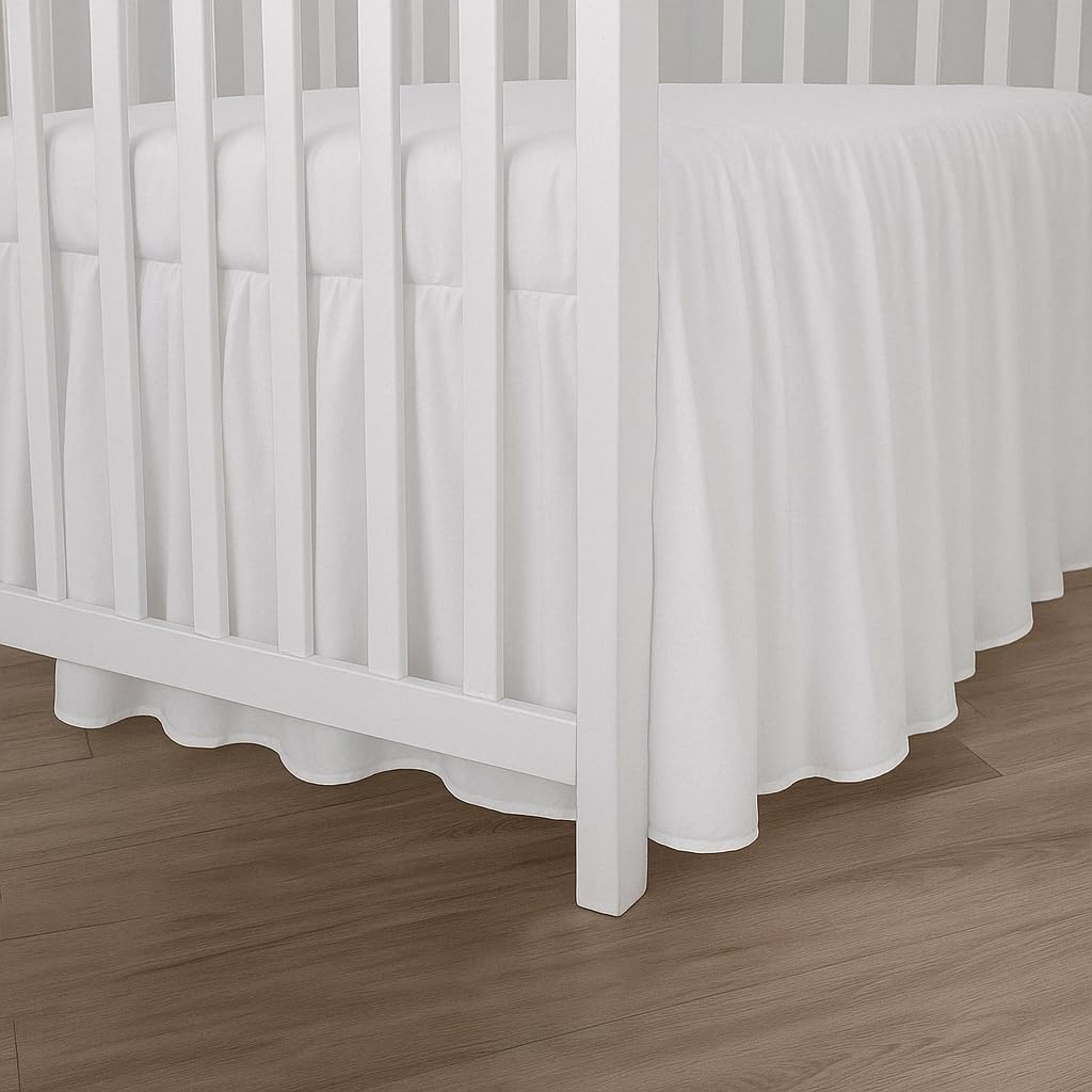 Mattress-Homes Crib Bed Skirt Dust Ruffle Split Corner Bed Skirt Nursery Crib Bedding Accessory Toddler Bedskirt for Baby Boys Girls Standard Nursery Bedding Toddler Bedskirt Solid 14" Drop White